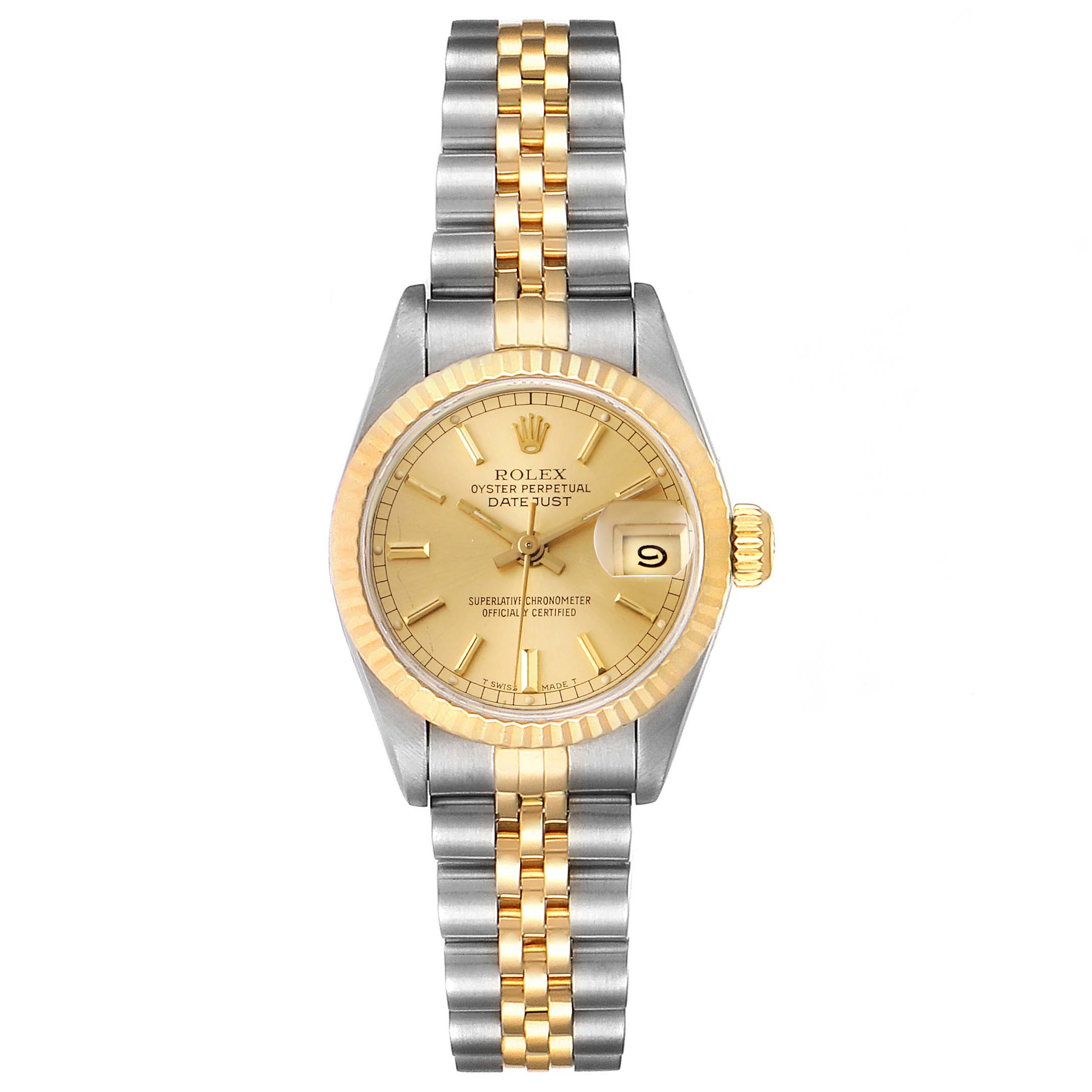 The image shows a Rolex Datejust 69173 Women's Steel and Gold (two tone) Champagne Dial 69173 Women's Steel and Gold (two tone) Champagne Dial watch from a top-down angle, highlighting the dial, bezel, and two-tone Jubilee bracelet.