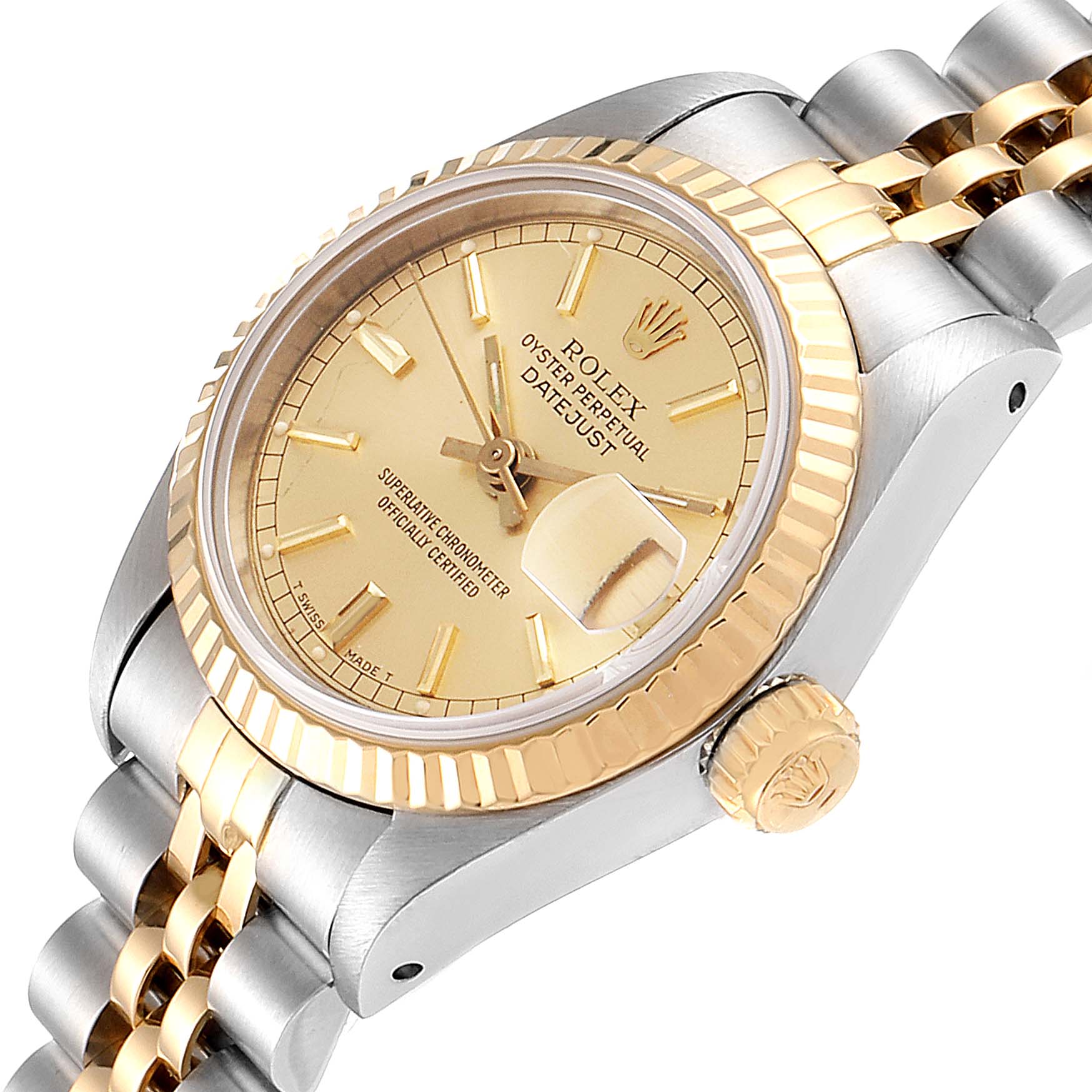 This image shows a Rolex Datejust 69173 Women's Steel and Gold (two tone) Champagne Dial 69173 Women's Steel and Gold (two tone) Champagne Dial watch from an angled side view, highlighting the dial, bezel, and bracelet.