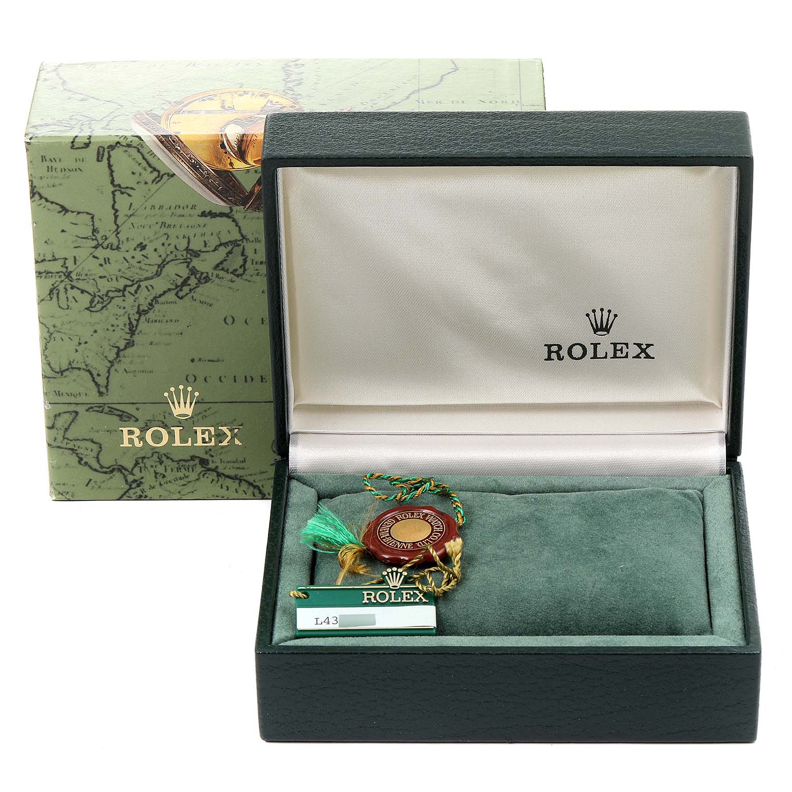 The image shows a Rolex Datejust 69173 Women's Steel and Gold (two tone) Champagne Dial 69173 Women's Steel and Gold (two tone) Champagne Dial watch box, open with tags and accessories, and the outer packaging in the background.