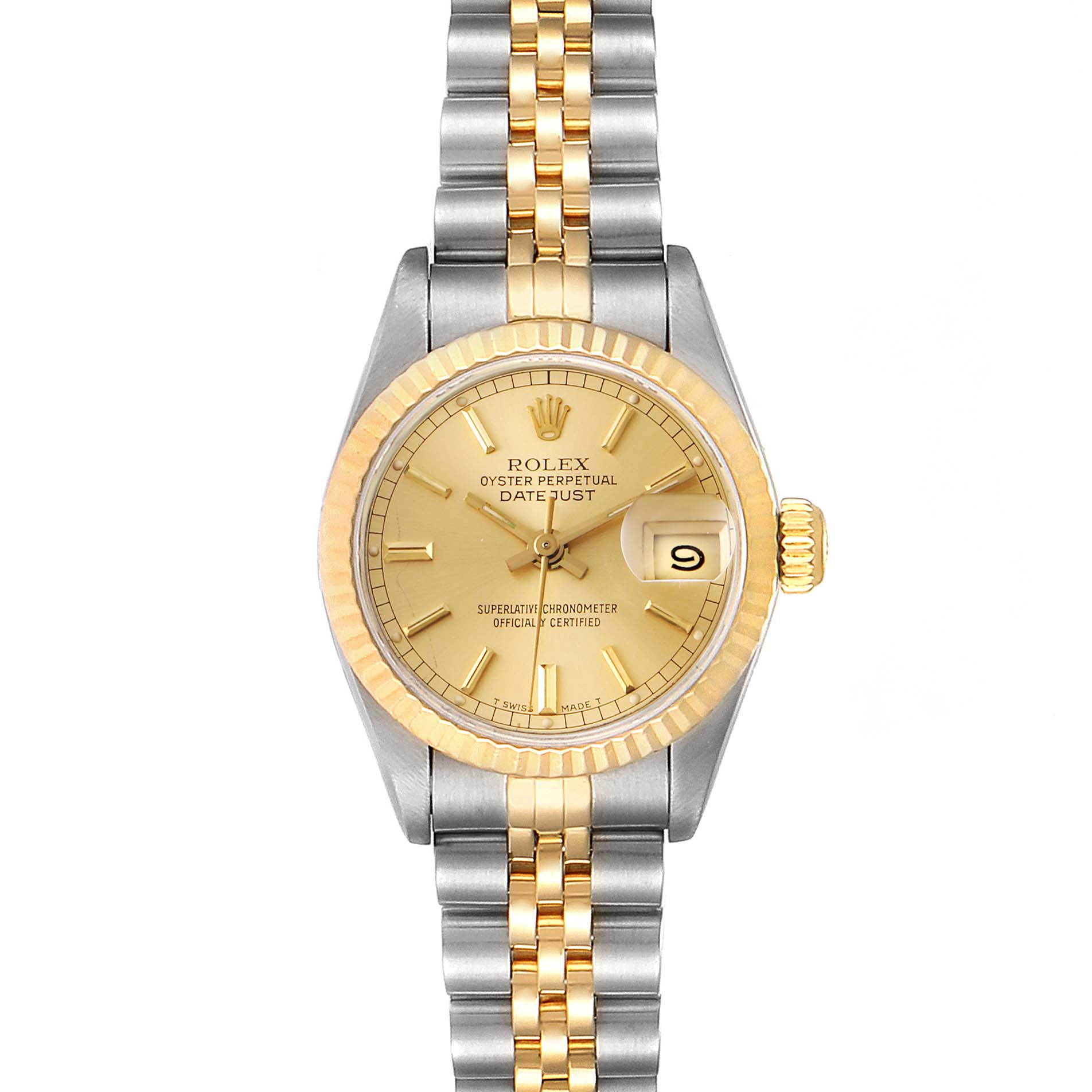 This image shows a Rolex Datejust 69173 Women's Steel and Gold (two tone) Champagne Dial 69173 Women's Steel and Gold (two tone) Champagne Dial watch from a top-down angle, displaying its gold and silver bracelet, gold dial, and date window.