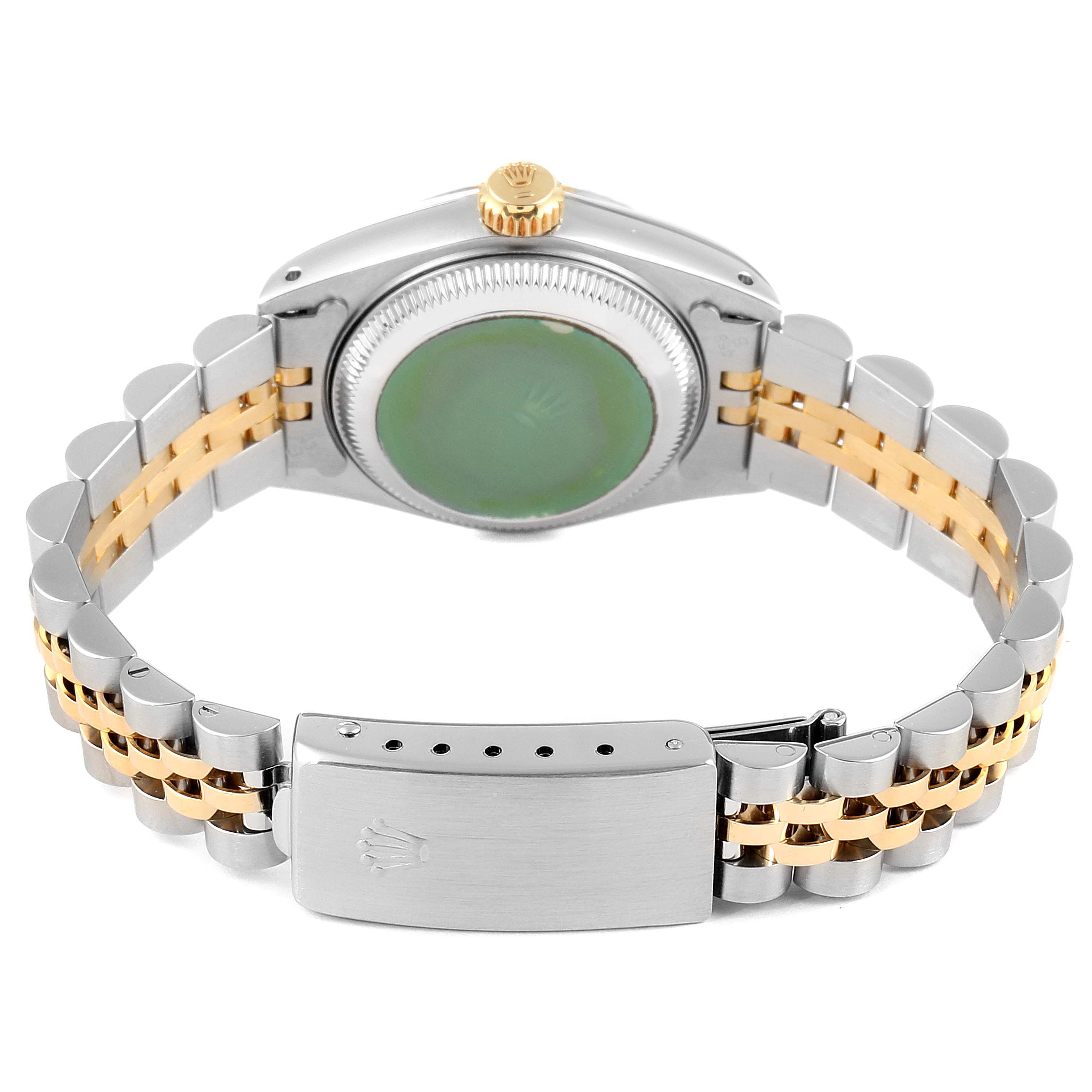 This image shows the back view of a Rolex Datejust 69173 Women's Steel and Gold (two tone) Champagne Dial 69173 Women's Steel and Gold (two tone) Champagne Dial watch, highlighting the bracelet and clasp.