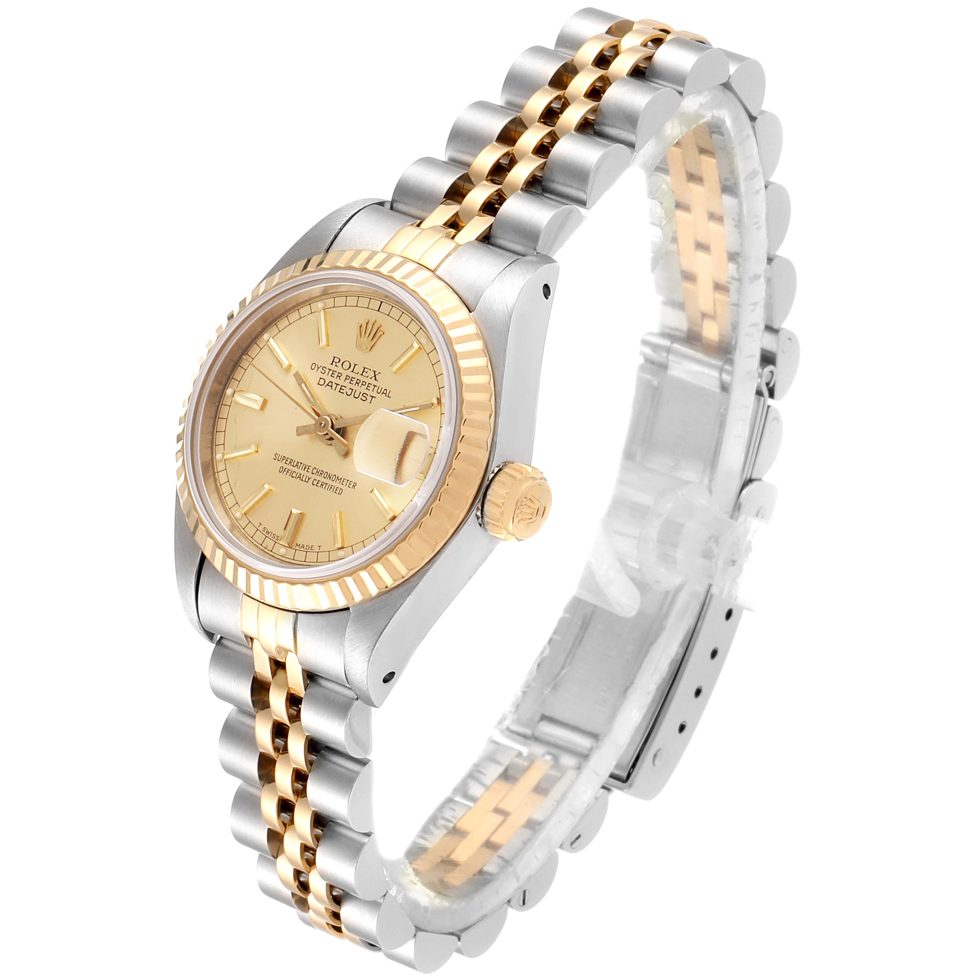The Rolex Datejust 69173 Women's Steel and Gold (two tone) Champagne Dial 69173 Women's Steel and Gold (two tone) Champagne Dial watch is shown at a three-quarter angle, featuring the dial, crown, bezel, and two-tone bracelet.