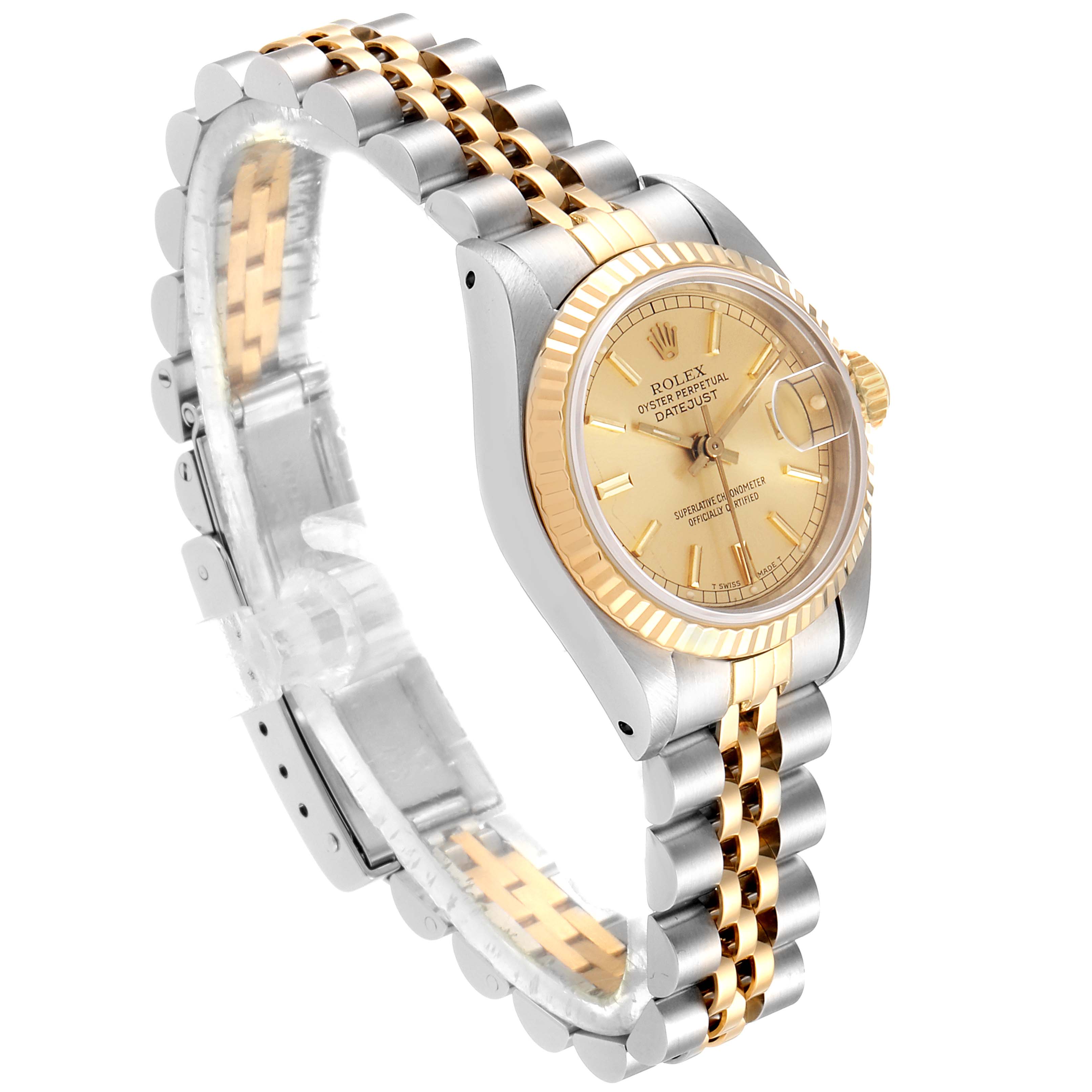 This image shows a Rolex Datejust 69173 Women's Steel and Gold (two tone) Champagne Dial 69173 Women's Steel and Gold (two tone) Champagne Dial watch from an angled side view, showcasing its dial, bezel, crown, and two-tone bracelet.