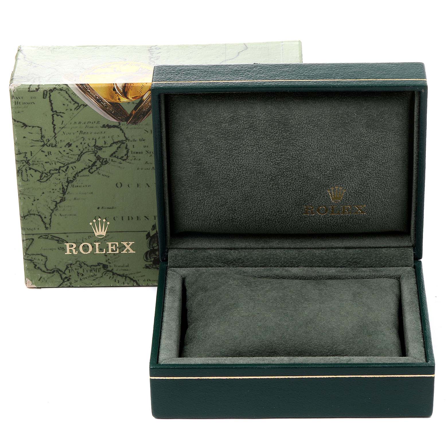 This is a Rolex Datejust 69173 Women's Steel and Gold (two tone) Champagne Dial 69173 Women's Steel and Gold (two tone) Champagne Dial watch box shown from the front with the lid open, revealing the interior.