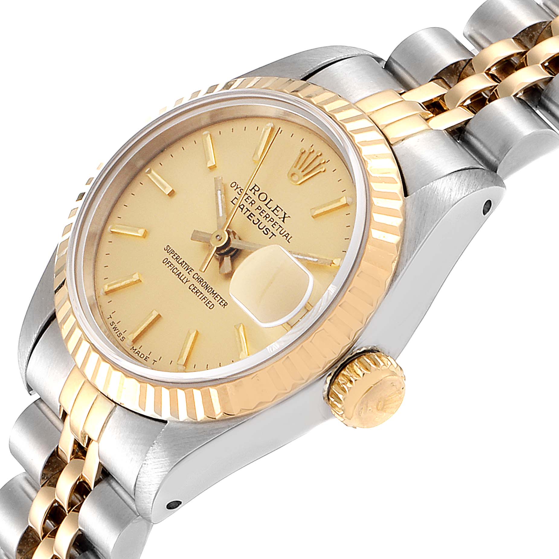 The image shows a close-up side angle of the Rolex Datejust 69173 Women's Steel and Gold (two tone) Champagne Dial 69173 Women's Steel and Gold (two tone) Champagne Dial watch, featuring its crown, bezel, and a part of its bracelet.