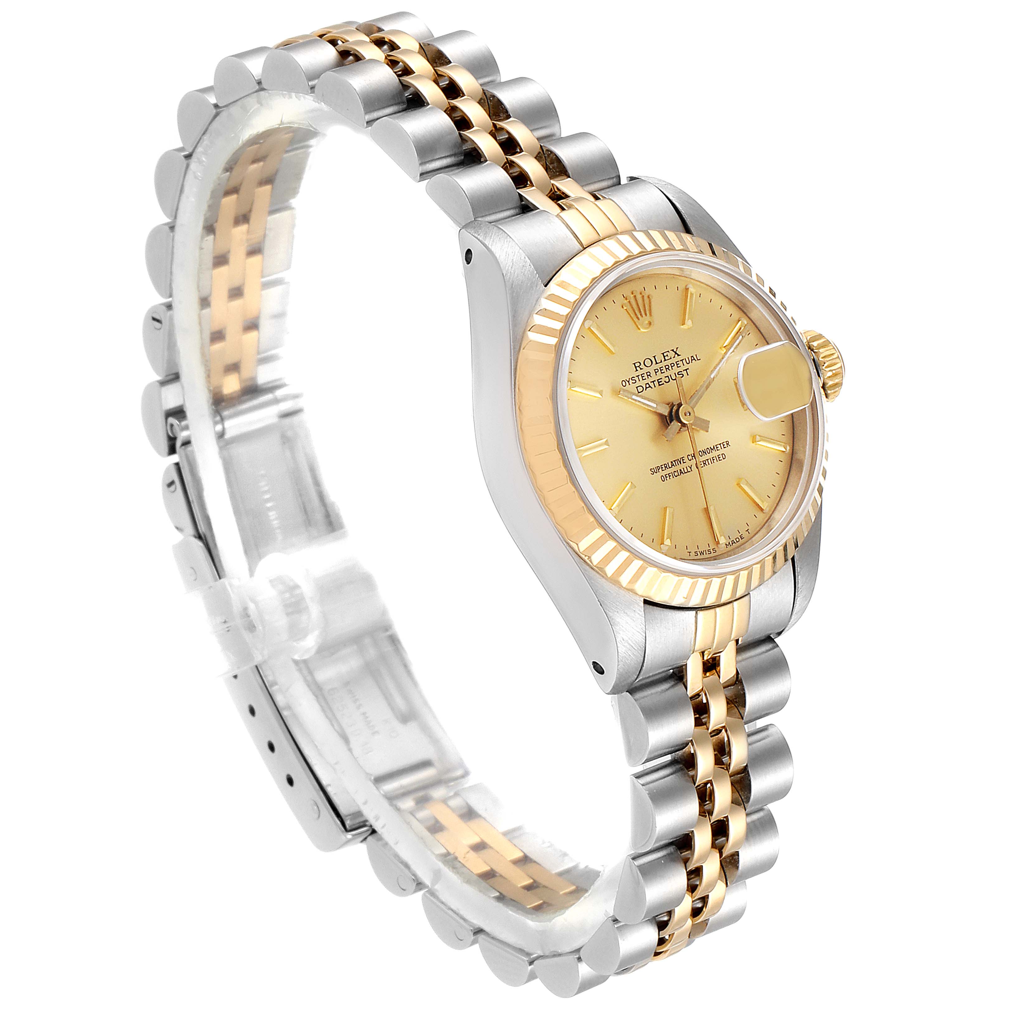 The image shows a side angle of the Rolex Datejust 69173 Women's Steel and Gold (two tone) Champagne Dial 69173 Women's Steel and Gold (two tone) Champagne Dial watch, highlighting its gold and silver bracelet, fluted bezel, and champagne dial.