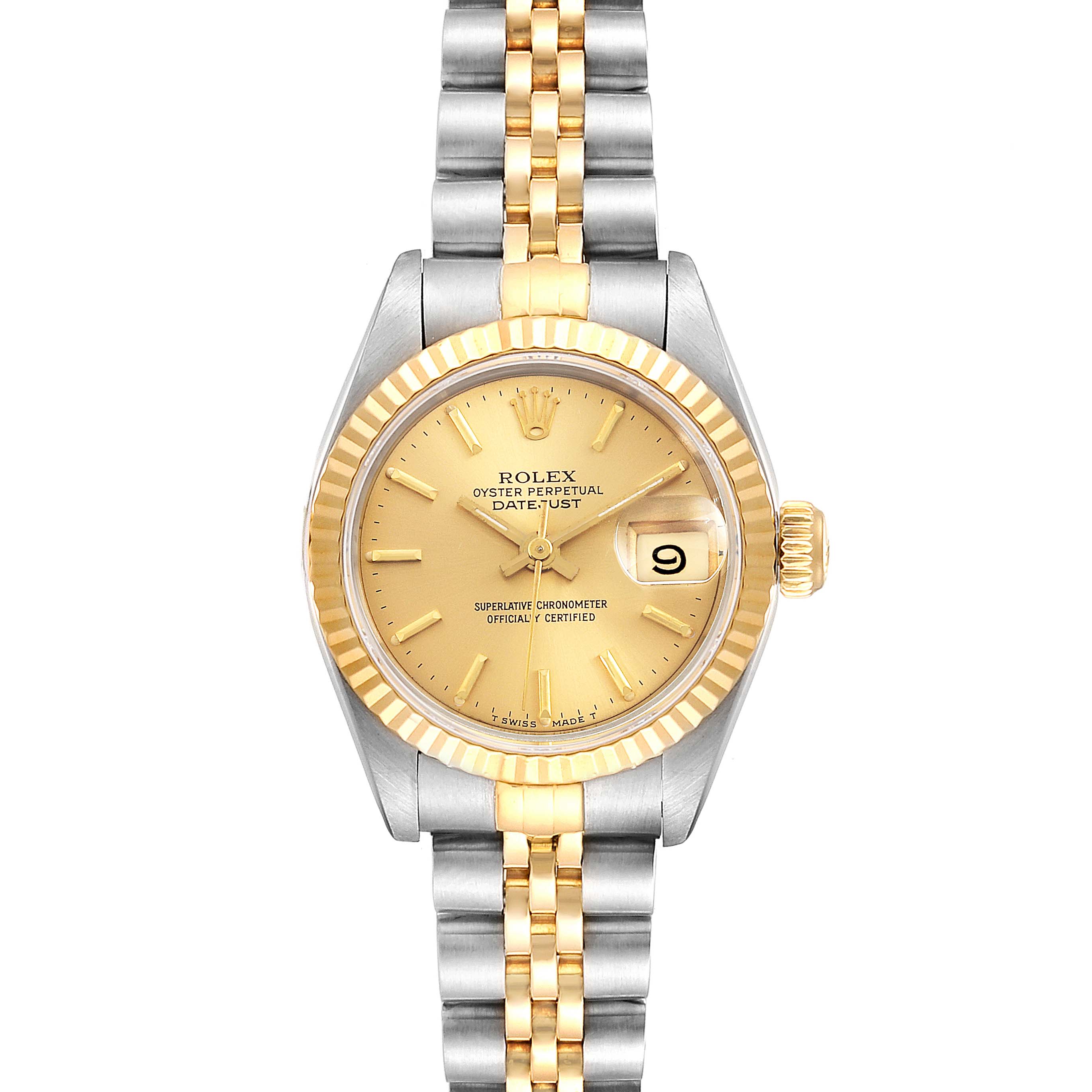 The Rolex Datejust 69173 Women's Steel and Gold (two tone) Champagne Dial 69173 Women's Steel and Gold (two tone) Champagne Dial watch is shown from the front, displaying its dial, bezel, crown, and bracelet.