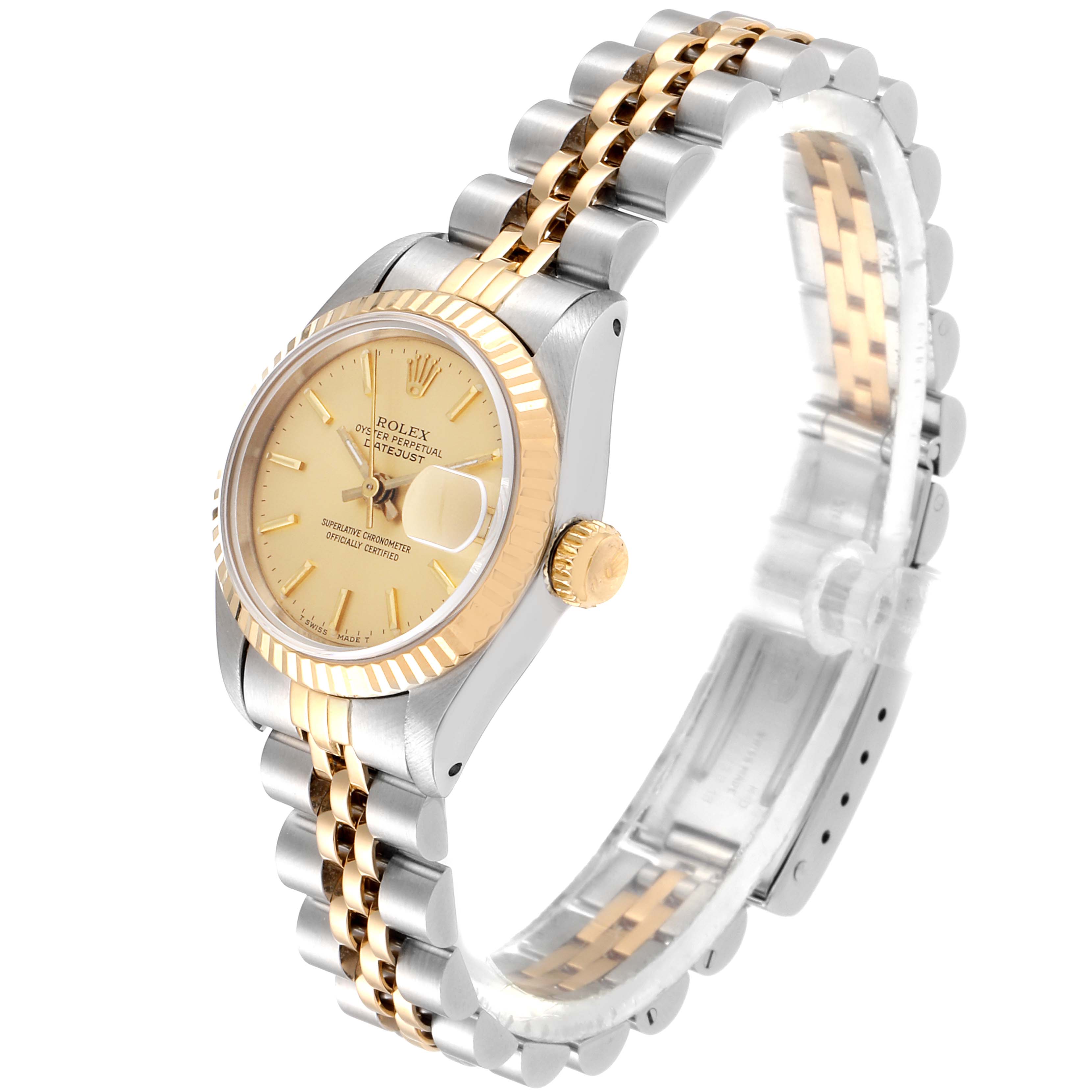 The image shows a side angle view of the Rolex Datejust 69173 Women's Steel and Gold (two tone) Champagne Dial 69173 Women's Steel and Gold (two tone) Champagne Dial watch, highlighting the two-tone bracelet, dial, and bezel.