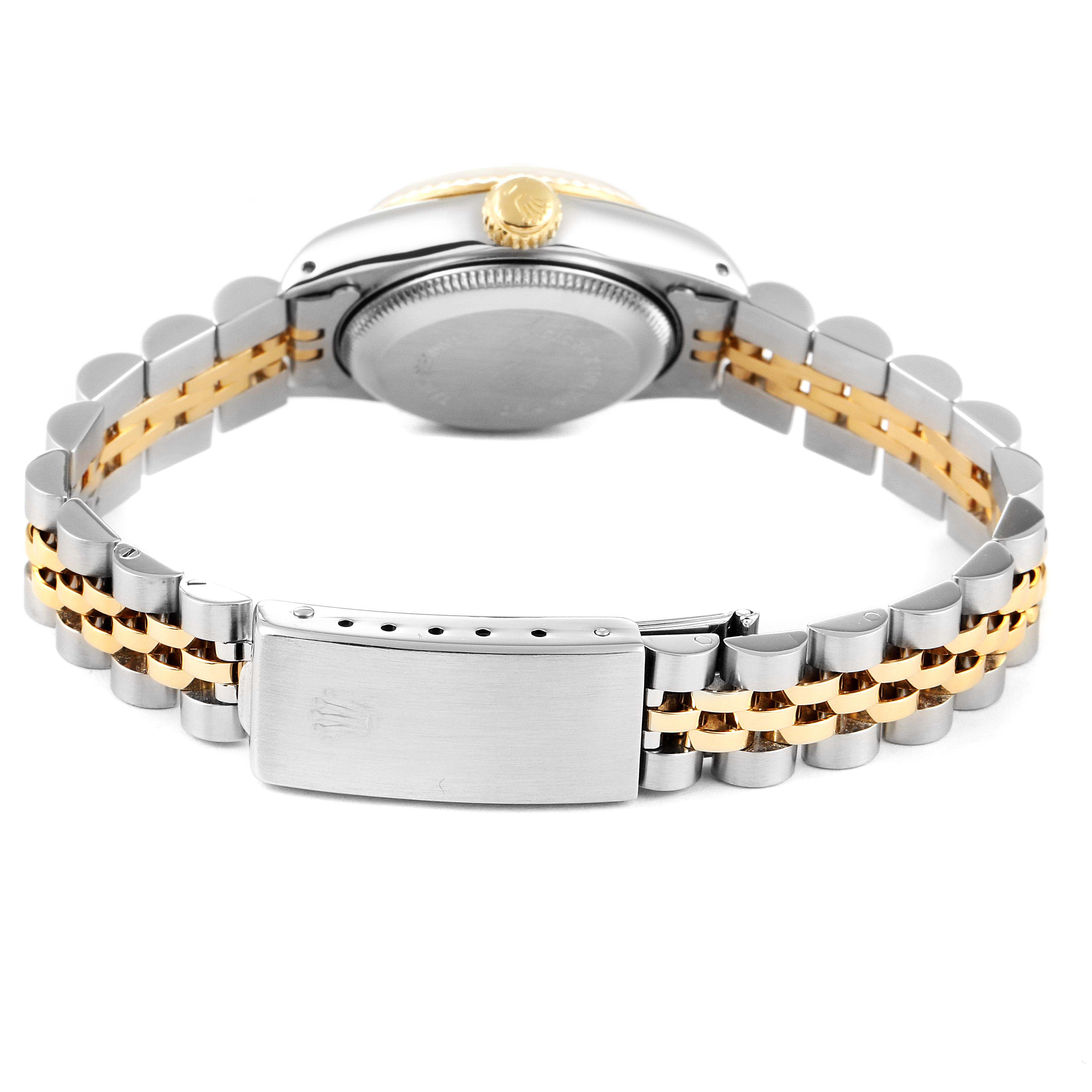 This image shows the back of a two-tone Rolex Datejust 69173 Women's Steel and Gold (two tone) Champagne Dial 69173 Women's Steel and Gold (two tone) Champagne Dial watch, highlighting the case back, bracelet, and clasp.