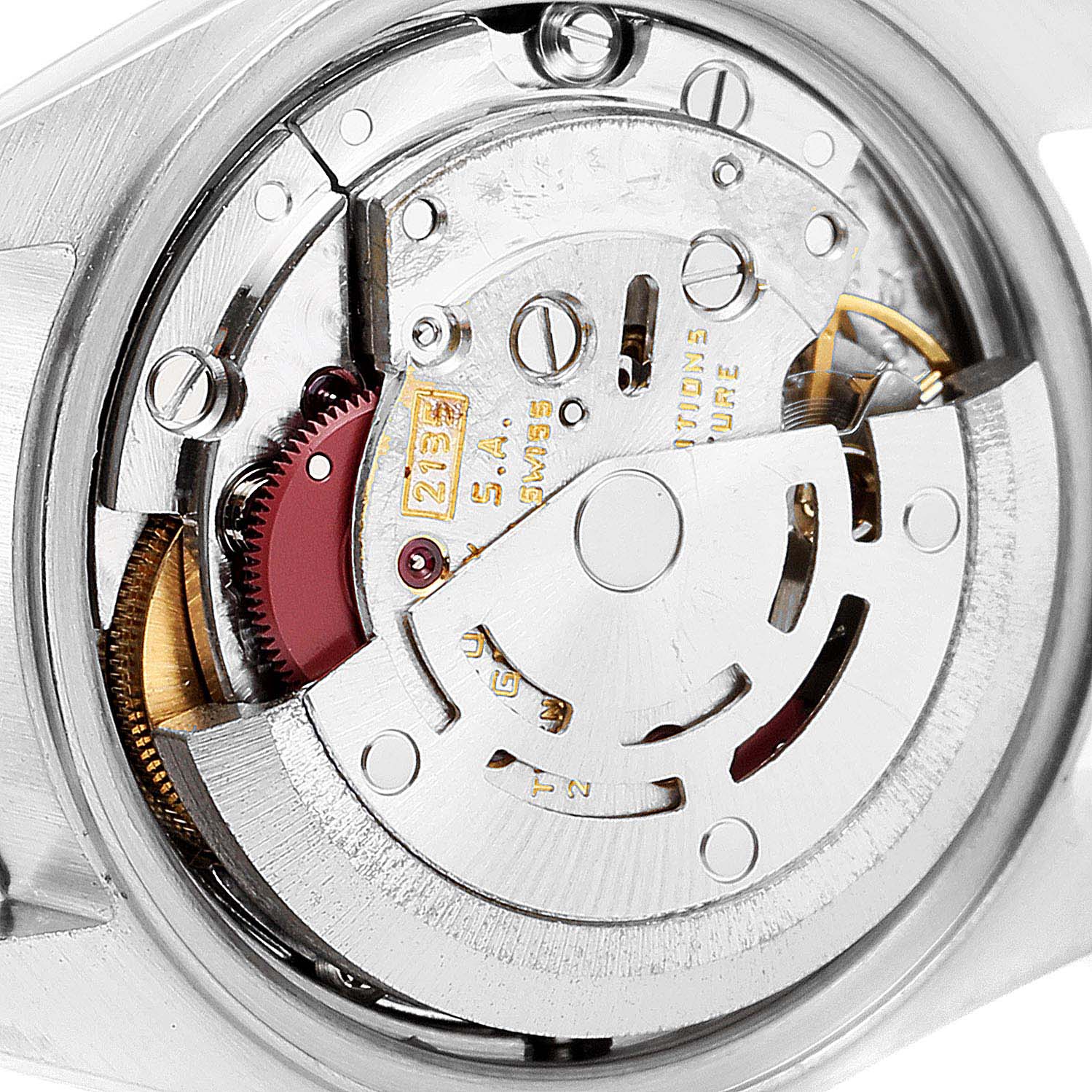 This image shows the internal mechanism of a Rolex Datejust 69173 Women's Steel and Gold (two tone) Champagne Dial 69173 Women's Steel and Gold (two tone) Champagne Dial watch from a close-up angle.