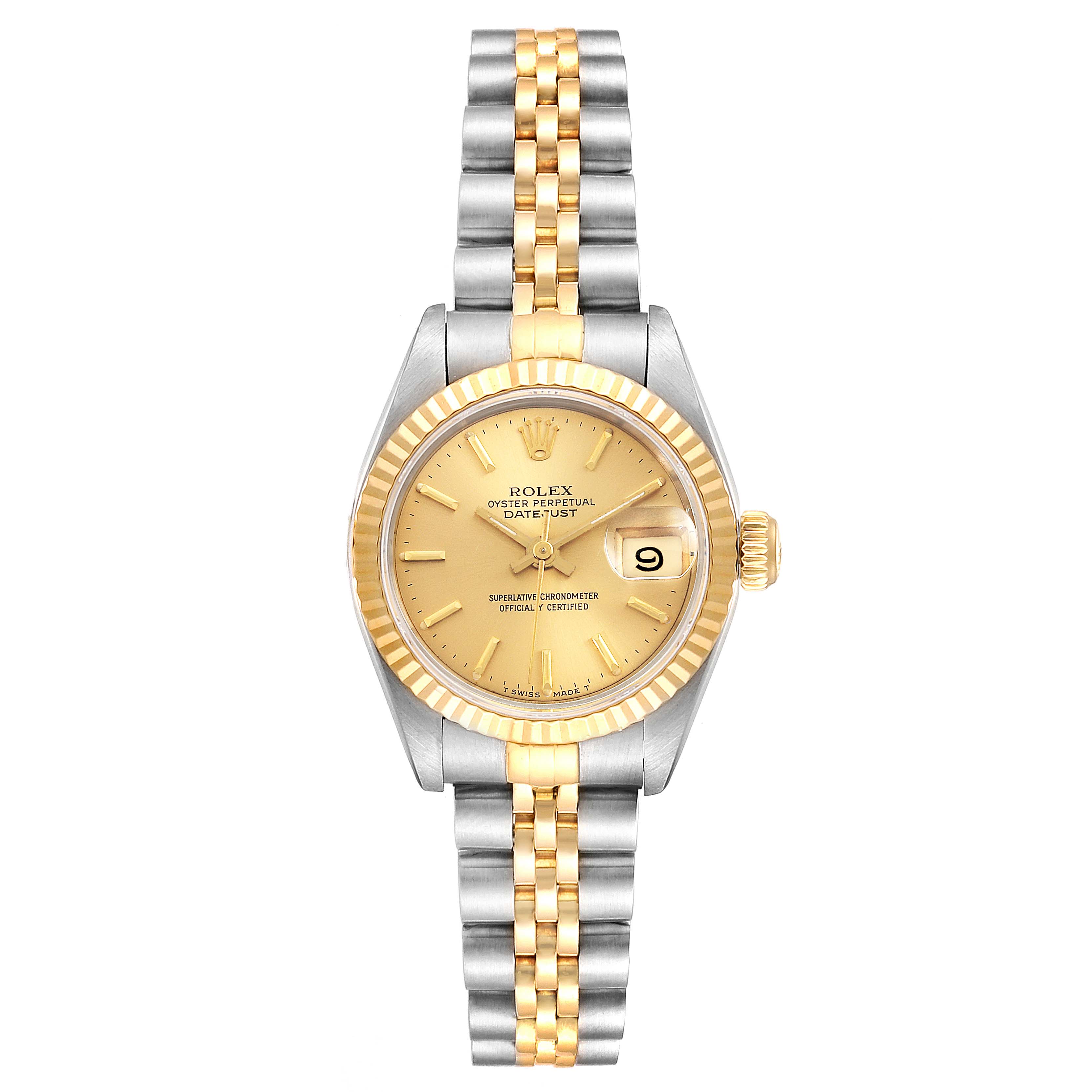 The Rolex Datejust 69173 Women's Steel and Gold (two tone) Champagne Dial 69173 Women's Steel and Gold (two tone) Champagne Dial watch is shown from a top-down angle, displaying the face, bezel, crown, and bracelet in two-tone metal.