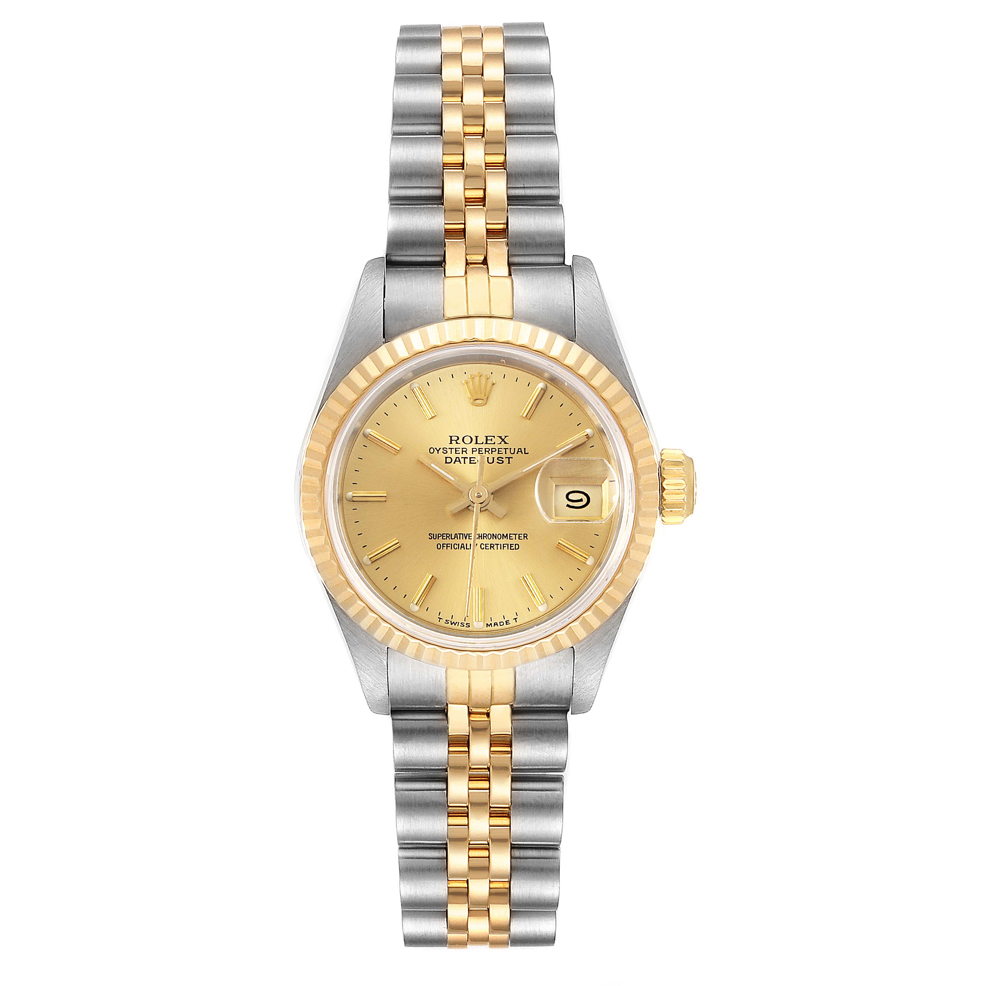 This image shows a front view of the Rolex Datejust 69173 Women's Steel and Gold (two tone) Champagne Dial 69173 Women's Steel and Gold (two tone) Champagne Dial watch, displaying its face, bezel, crown, and bracelet.