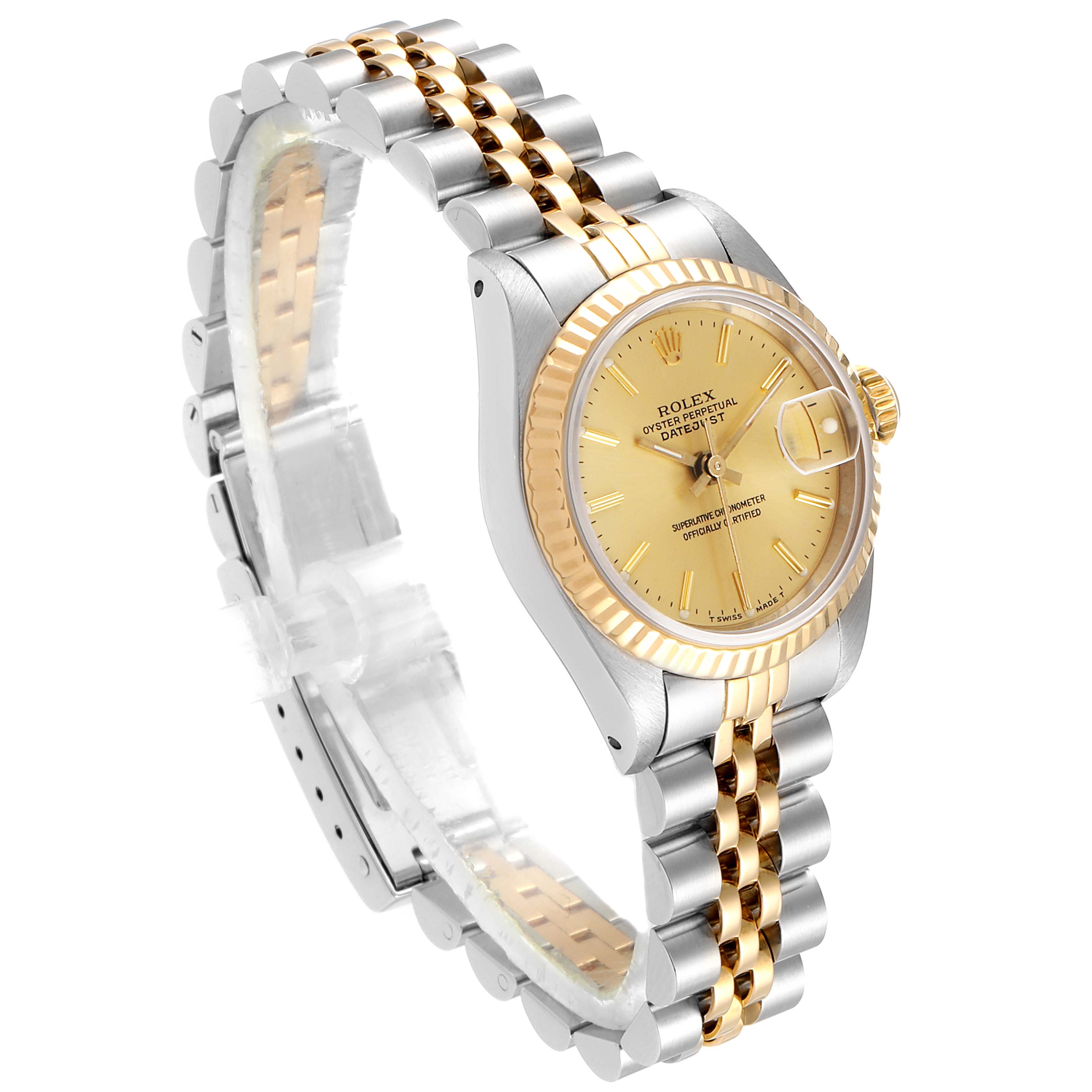 The image shows a Rolex Datejust 69173 Women's Steel and Gold (two tone) Champagne Dial 69173 Women's Steel and Gold (two tone) Champagne Dial watch at an angled view, highlighting the gold and silver bracelet, the gold dial, and the case.