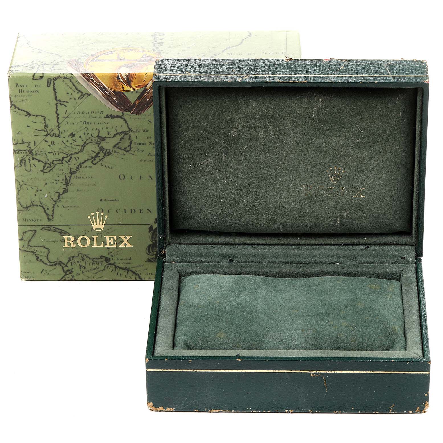 The image shows a Rolex Datejust 69173 Women's Steel and Gold (two tone) Champagne Dial 69173 Women's Steel and Gold (two tone) Champagne Dial watch box, with the box open and an outer box featuring a map design.