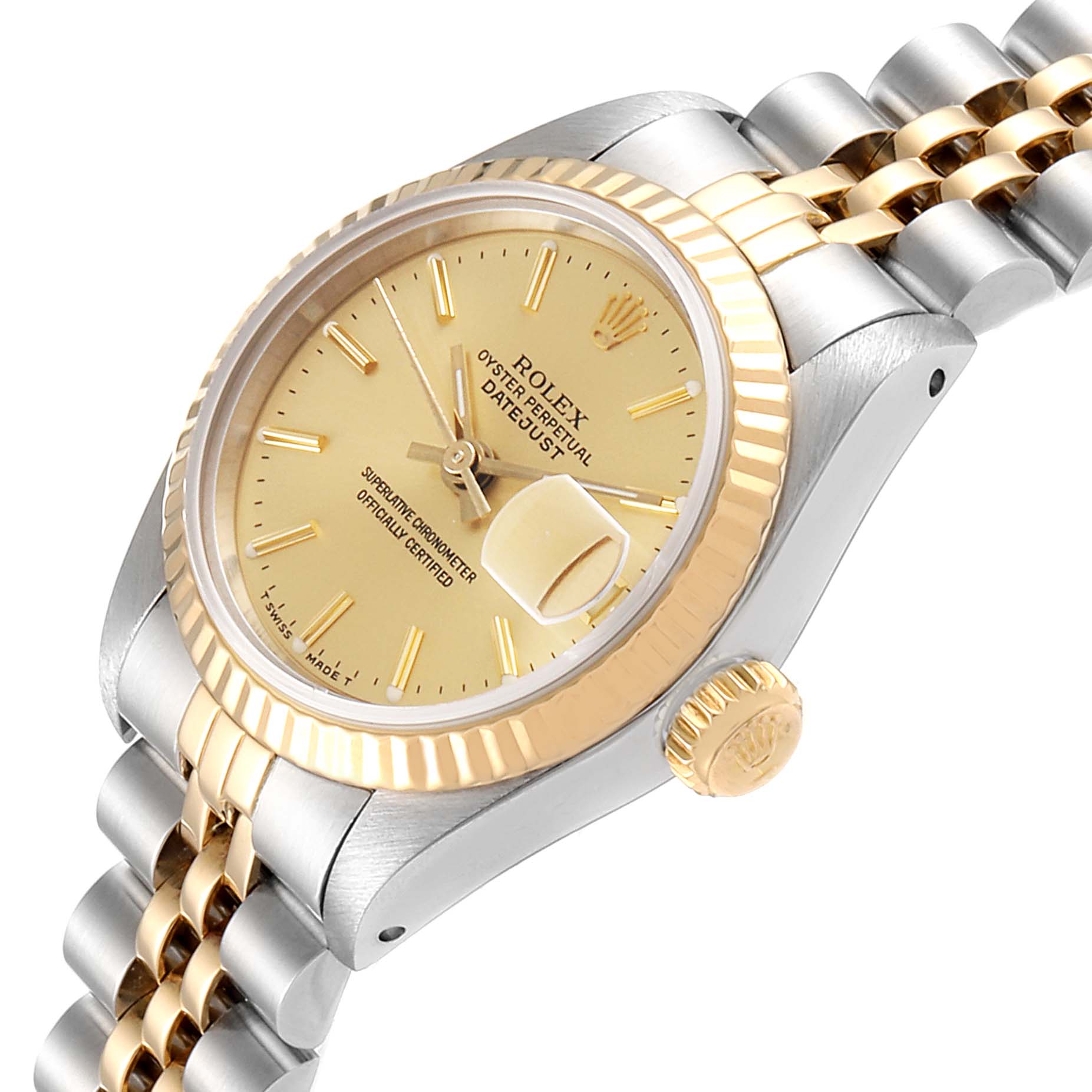 The image shows a side angle of a Rolex Datejust 69173 Women's Steel and Gold (two tone) Champagne Dial 69173 Women's Steel and Gold (two tone) Champagne Dial watch displaying its fluted bezel, dial, crown, and part of the bracelet.