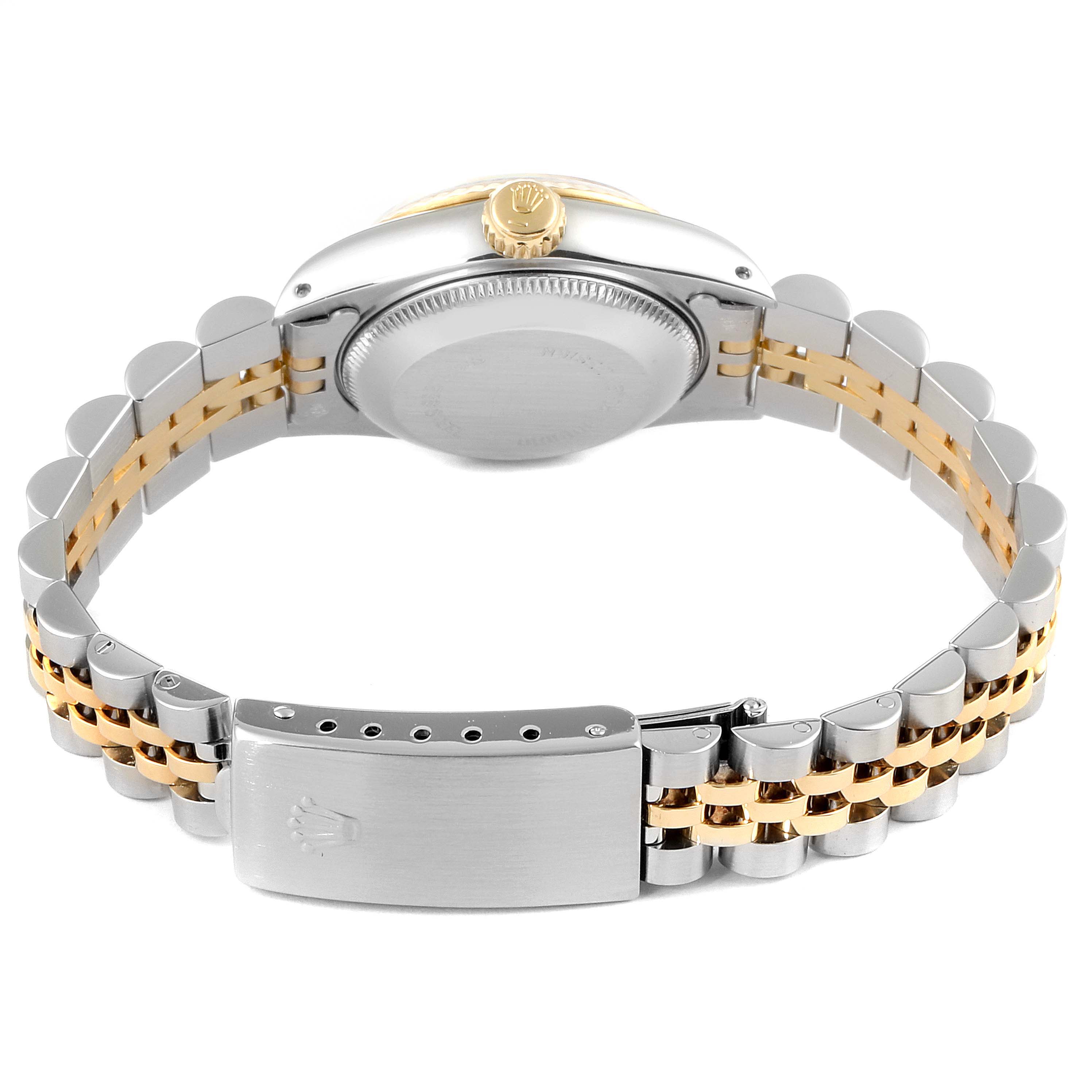 This image shows the back view of a Rolex Datejust 69173 Women's Steel and Gold (two tone) Champagne Dial 69173 Women's Steel and Gold (two tone) Champagne Dial watch, highlighting its two-tone bracelet and clasp.