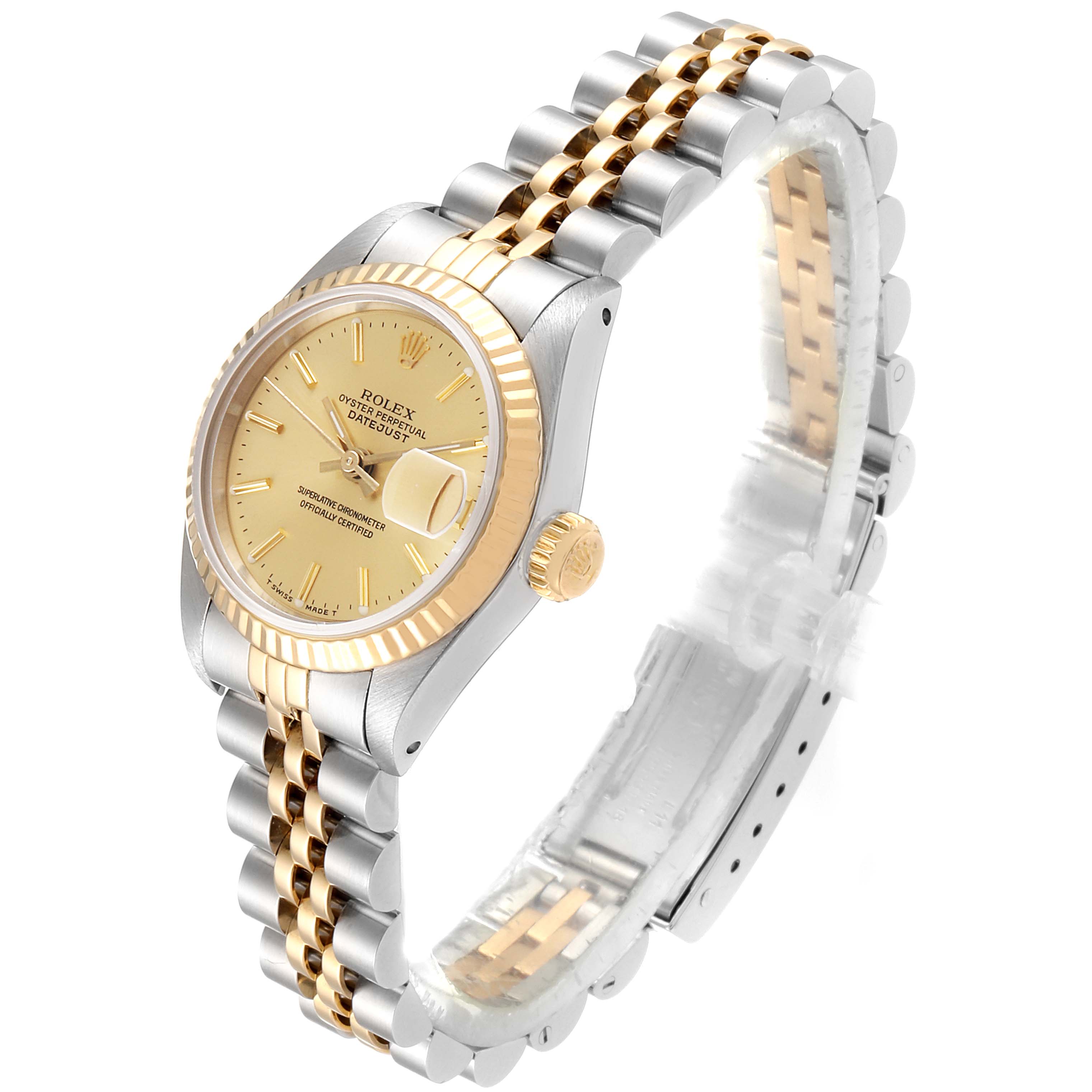 The image shows a side and top angle of a Rolex Datejust 69173 Women's Steel and Gold (two tone) Champagne Dial 69173 Women's Steel and Gold (two tone) Champagne Dial watch, highlighting the face, bracelet, and crown.