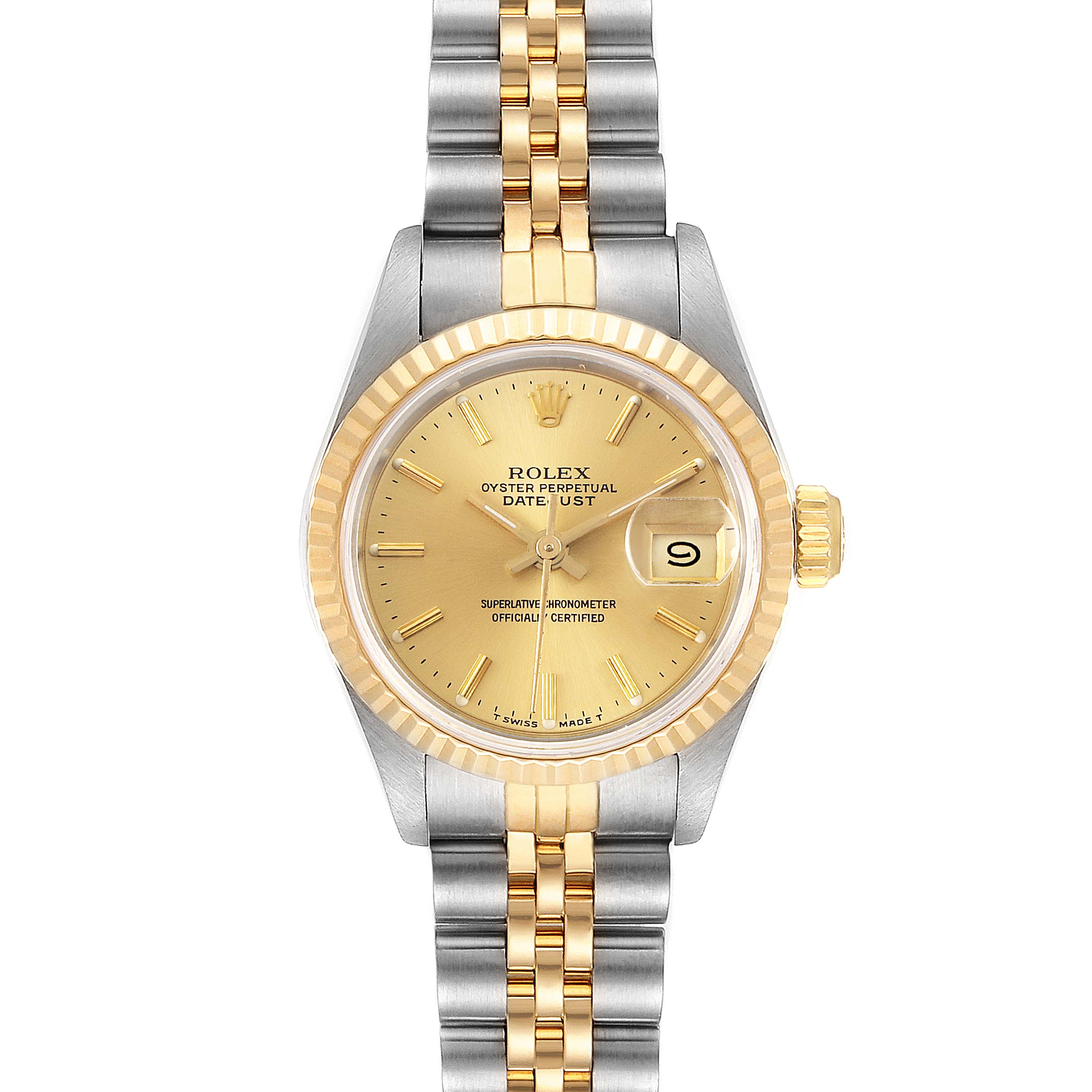 The Rolex Datejust 69173 Women's Steel and Gold (two tone) Champagne Dial 69173 Women's Steel and Gold (two tone) Champagne Dial watch is shown from the front, displaying its face, bezel, crown, and bracelet.