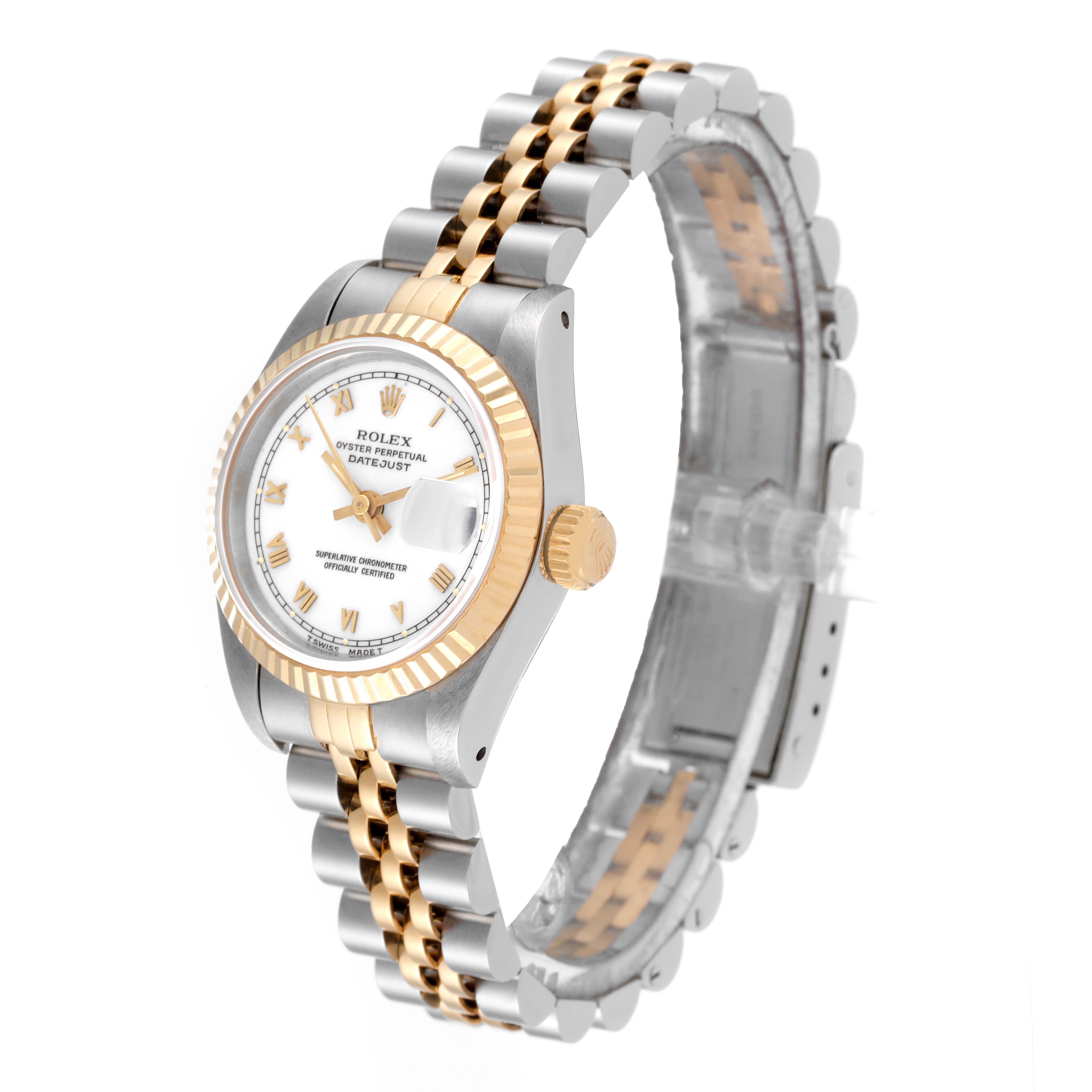 The Rolex Datejust 69173 Women's Steel and Gold (two tone) White Dial 69173 Women's Steel and Gold (two tone) White Dial watch is shown from a front-right angle, displaying the face, bezel, crown, and bracelet prominently.