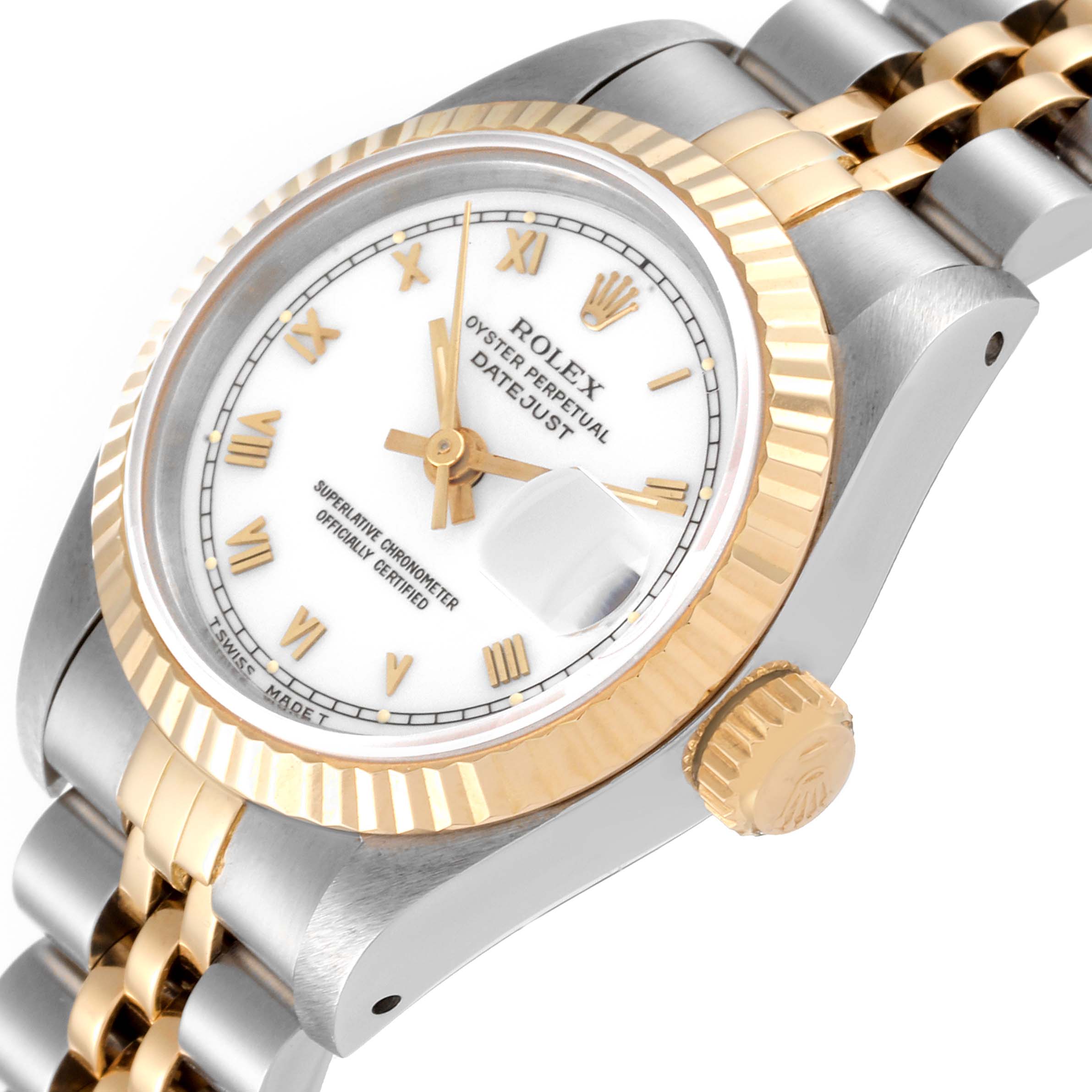 The Rolex Datejust 69173 Women's Steel and Gold (two tone) White Dial 69173 Women's Steel and Gold (two tone) White Dial watch is shown at a slight angle, highlighting the dial, bezel, crown, and part of the bracelet.
