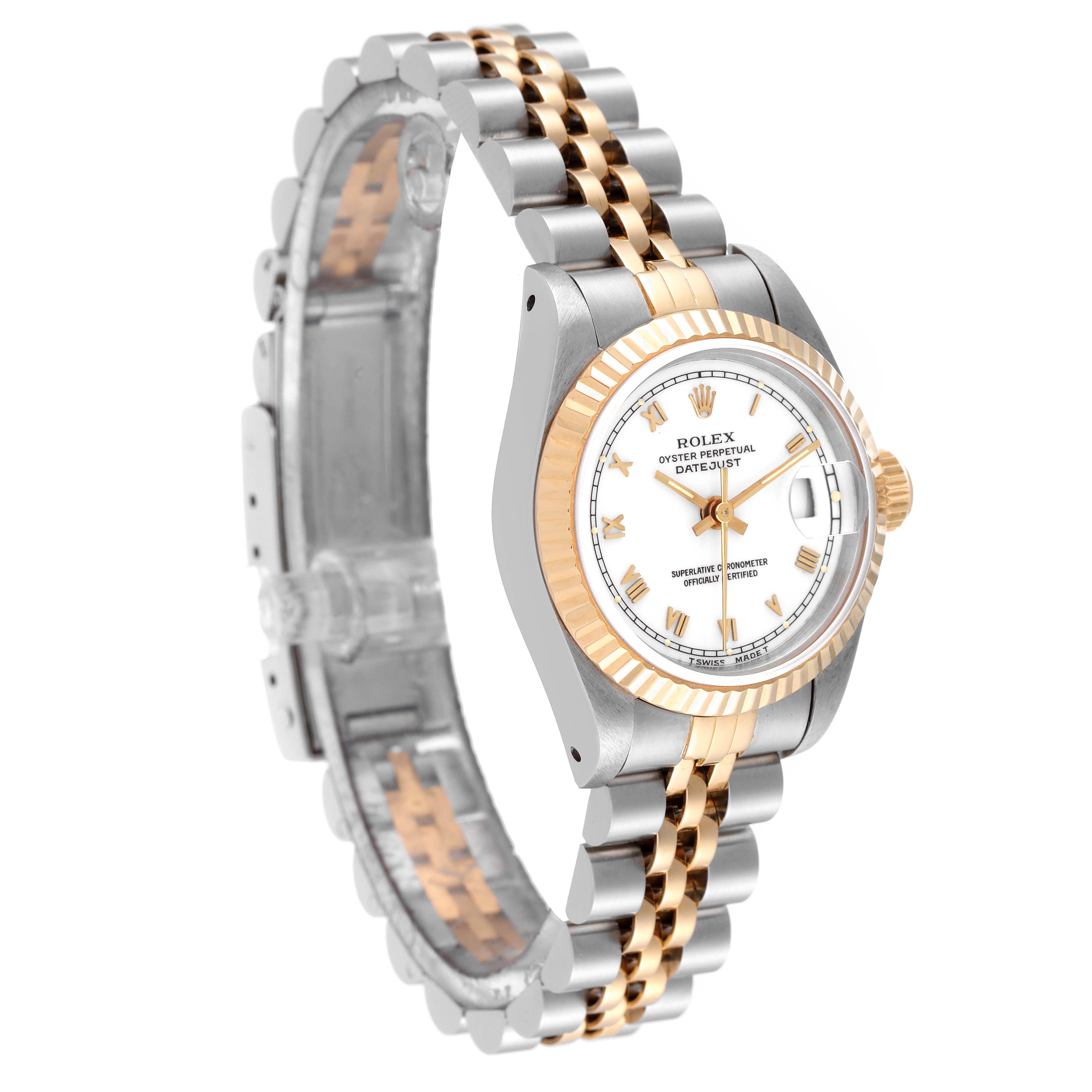This image shows a Rolex Datejust 69173 Women's Steel and Gold (two tone) White Dial 69173 Women's Steel and Gold (two tone) White Dial watch from an angled side view, highlighting the bracelet, case, and dial.
