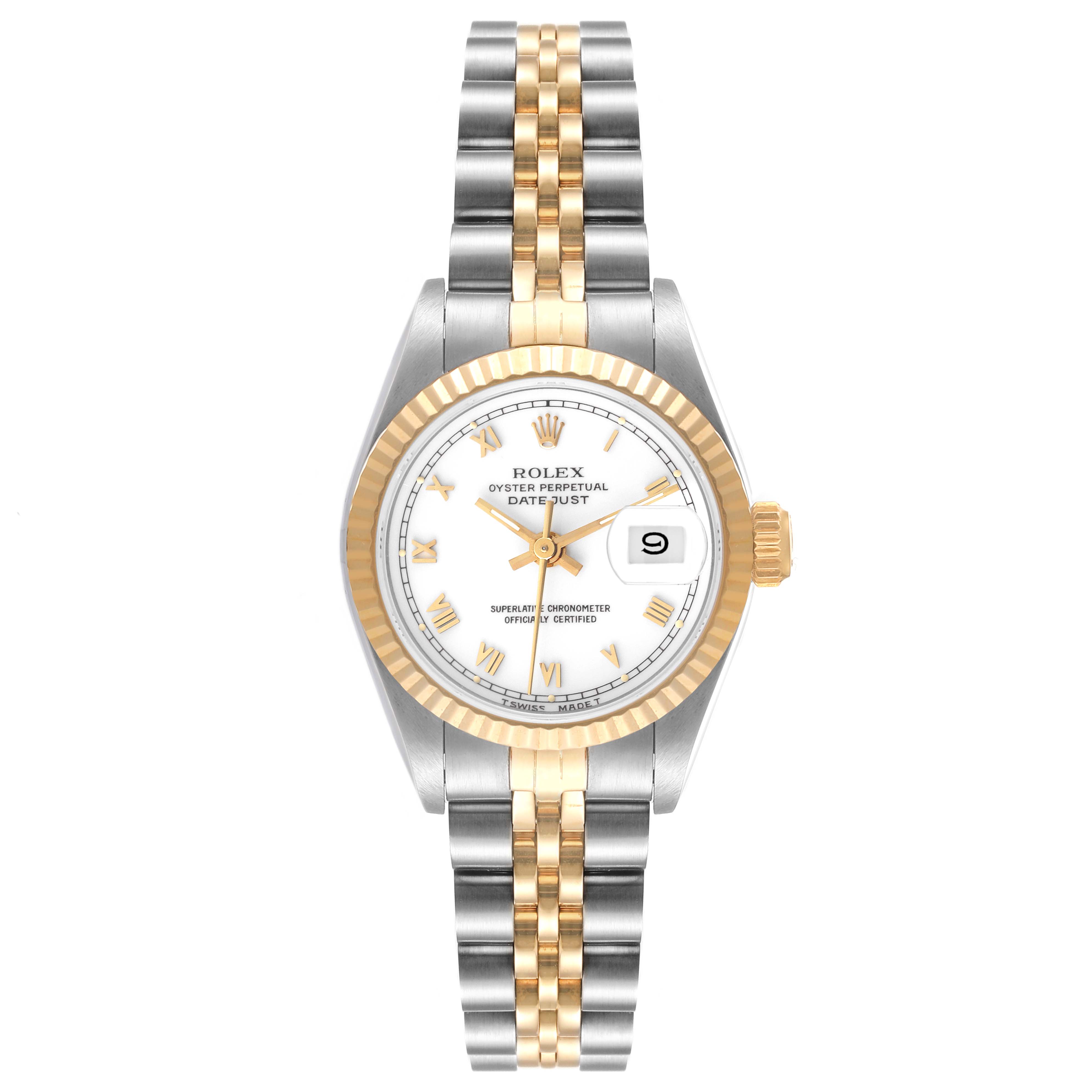 This image shows a front view of a Rolex Datejust 69173 Women's Steel and Gold (two tone) White Dial 69173 Women's Steel and Gold (two tone) White Dial watch, displaying the dial, bezel, and bracelet.