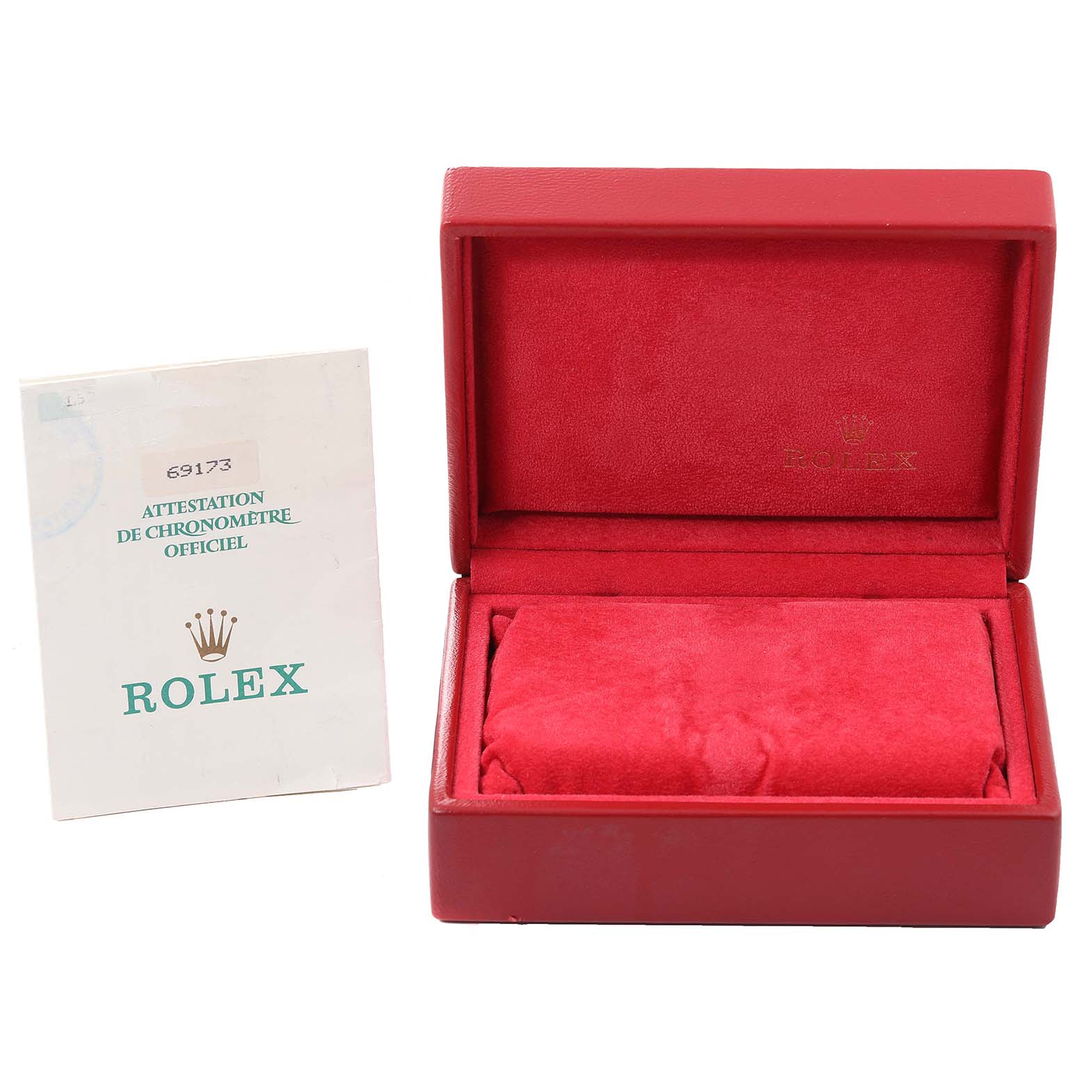This image shows a red Rolex Datejust 69173 Women's Steel and Gold (two tone) White Dial 69173 Women's Steel and Gold (two tone) White Dial watch box alongside its official chronometer attestation document.