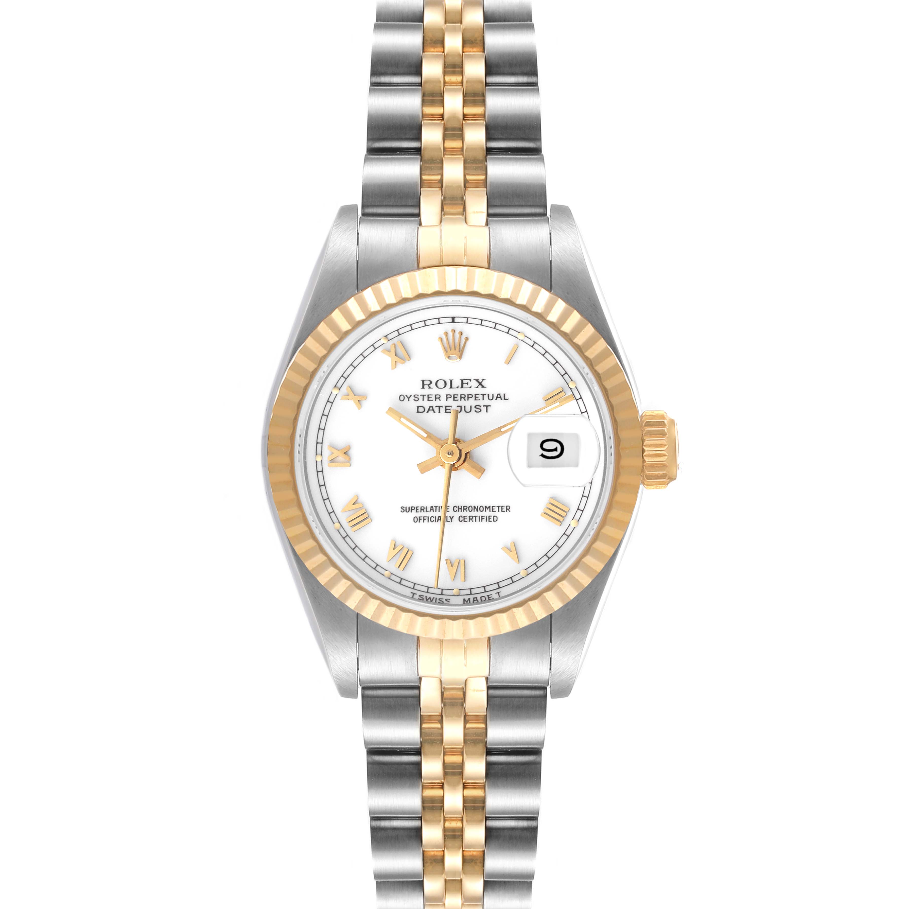 This image shows a front view of a Rolex Datejust 69173 Women's Steel and Gold (two tone) White Dial 69173 Women's Steel and Gold (two tone) White Dial model watch, highlighting the dial, bezel, and bracelet.