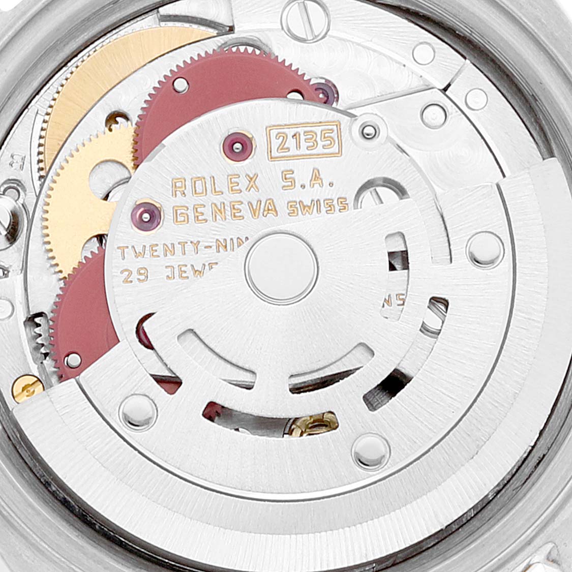 This image shows the internal mechanical movement of a Rolex Datejust 69173 Women's Steel and Gold (two tone) White Dial 69173 Women's Steel and Gold (two tone) White Dial watch from a close-up, top-down angle.