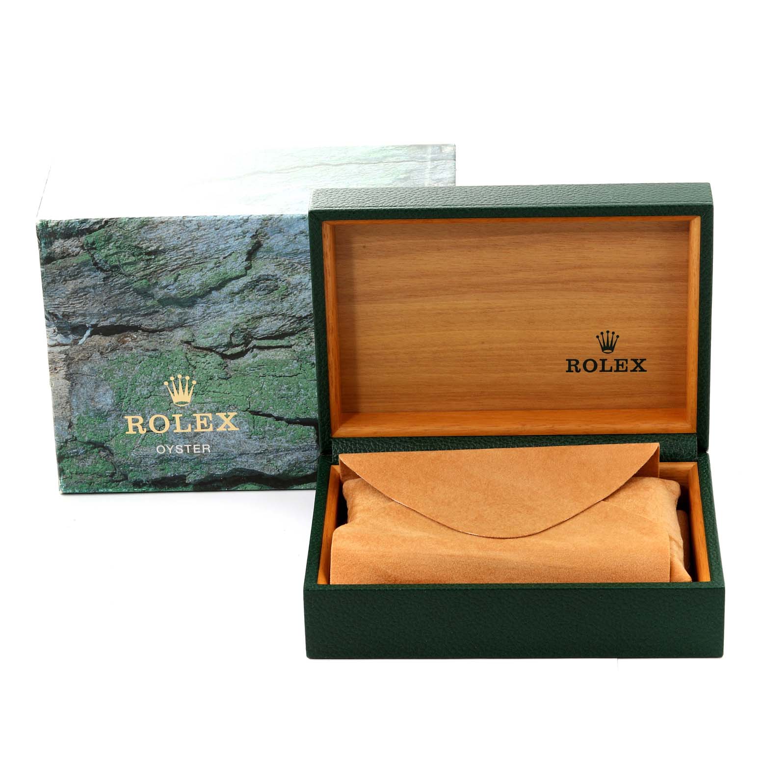 The image shows the open box and outer packaging for a Rolex Datejust 16233 Men's Steel and Gold (two tone) Silver Dial 16233 Men's Steel and Gold (two tone) Silver Dial watch, with the watch box displayed at an angle.