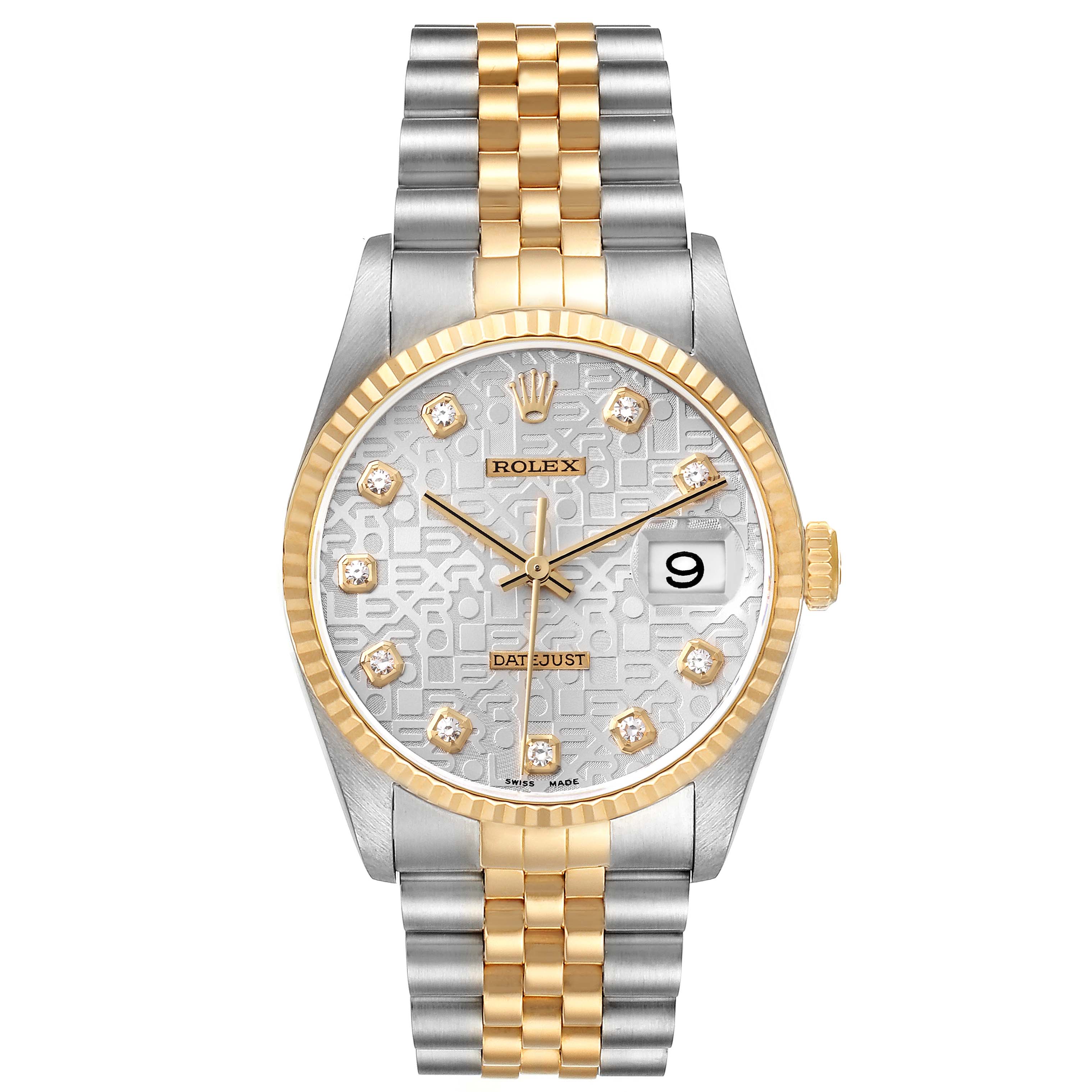 This image shows a Rolex Datejust 16233 Men's Steel and Gold (two tone) Silver Dial 16233 Men's Steel and Gold (two tone) Silver Dial watch from a front angle, highlighting the dial, two-tone bracelet, and bezel.