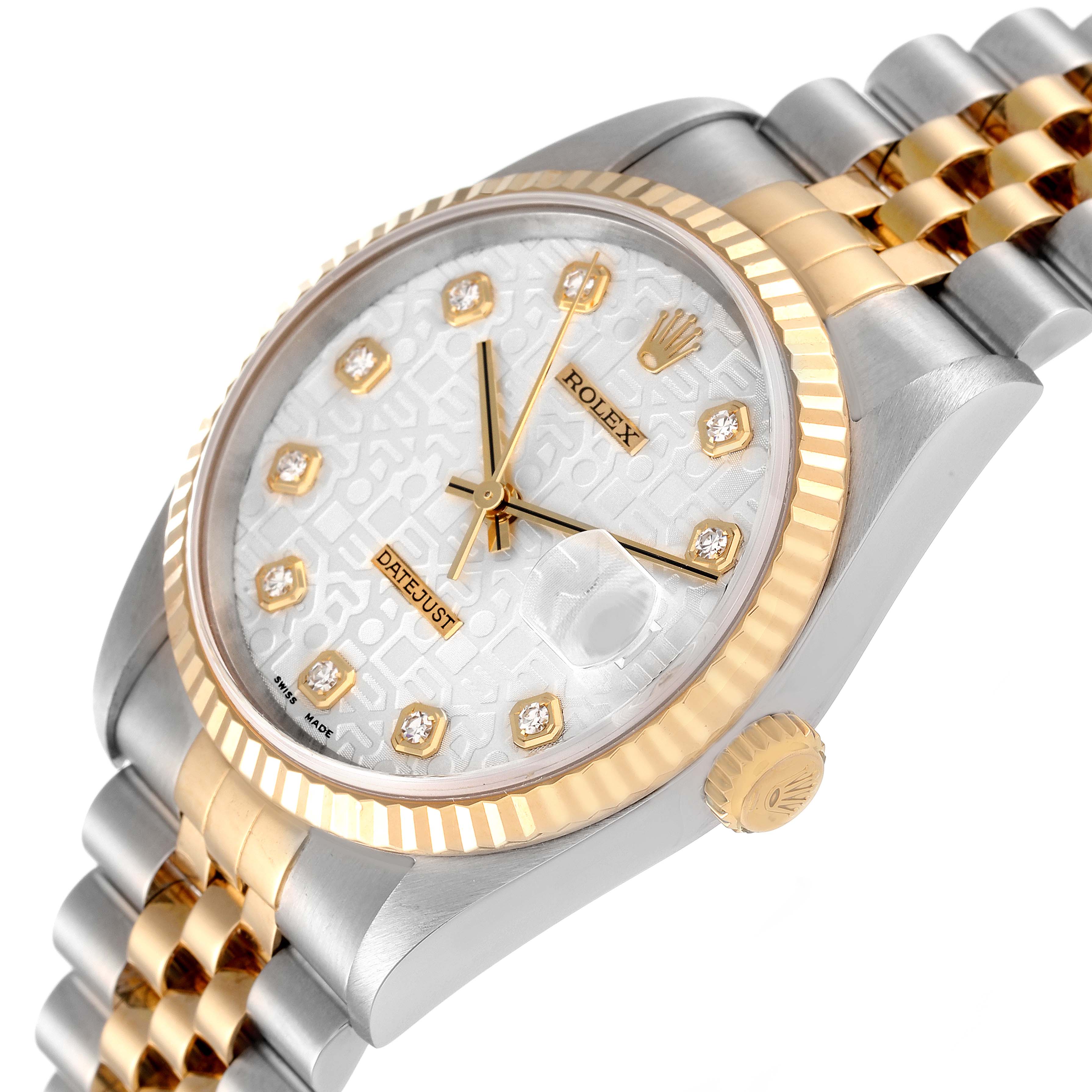 The image shows a Rolex Datejust 16233 Men's Steel and Gold (two tone) Silver Dial 16233 Men's Steel and Gold (two tone) Silver Dial watch from a slightly tilted side angle, displaying the dial, bezel, case, and part of the bracelet.