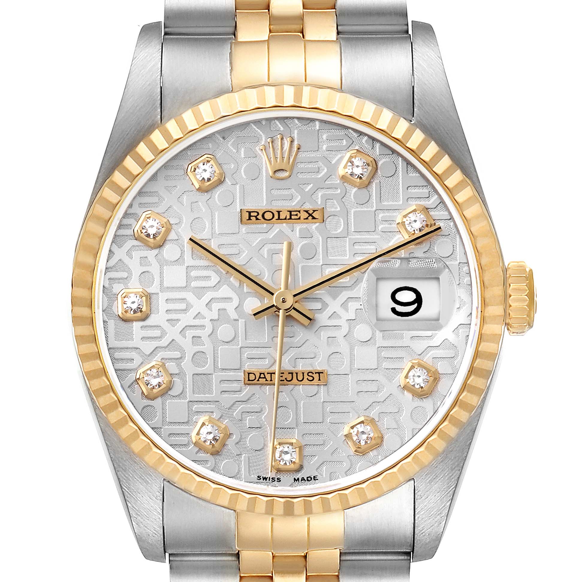 The image shows a close-up front view of a Rolex Datejust 16233 Men's Steel and Gold (two tone) Silver Dial 16233 Men's Steel and Gold (two tone) Silver Dial watch, highlighting the dial, bezel, and part of the bracelet.