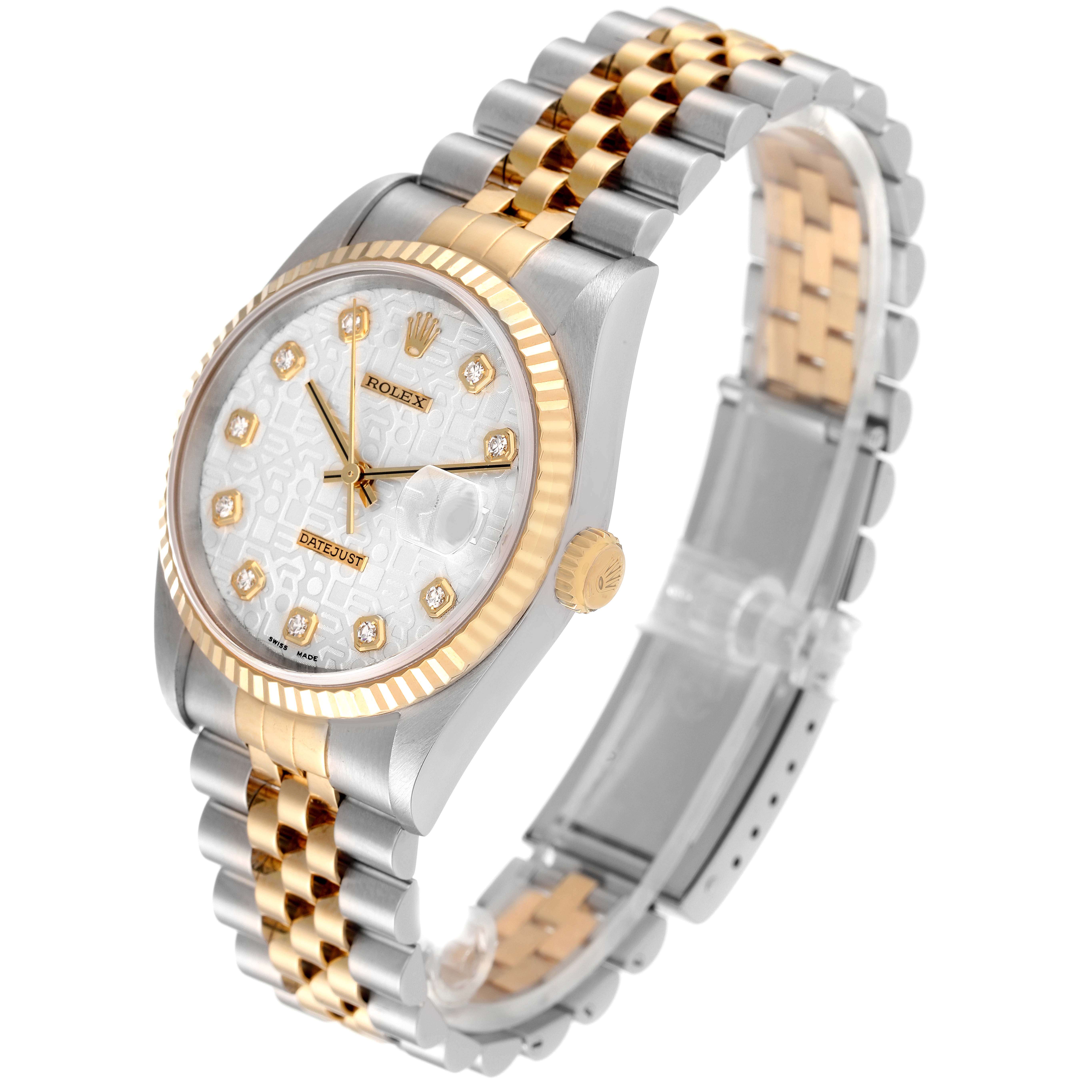 The image shows a Rolex Datejust 16233 Men's Steel and Gold (two tone) Silver Dial 16233 Men's Steel and Gold (two tone) Silver Dial watch at an angled side view, highlighting its two-tone metal bracelet and diamond-accented dial.
