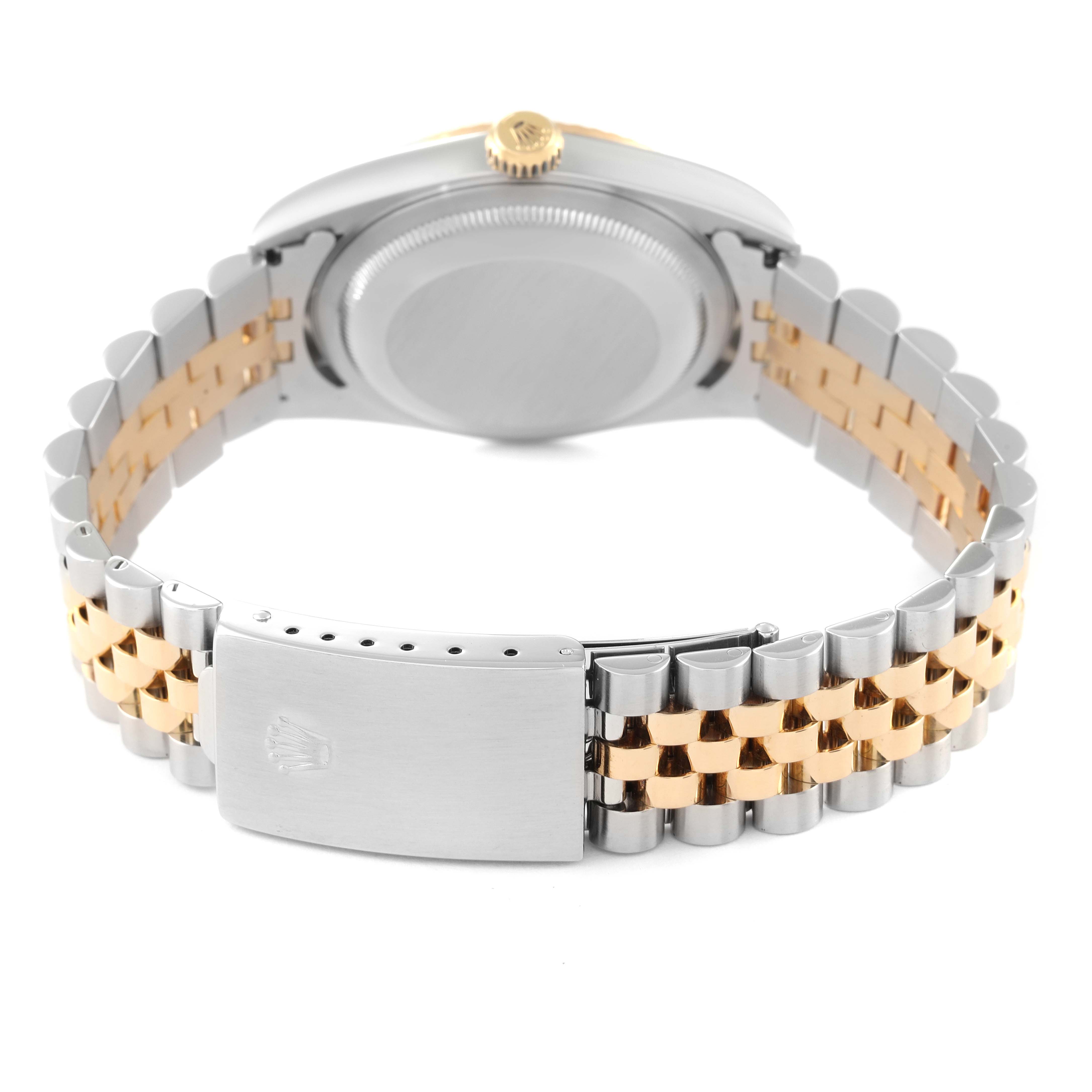 This image shows the back view of a Rolex Datejust 16233 Men's Steel and Gold (two tone) Silver Dial 16233 Men's Steel and Gold (two tone) Silver Dial watch, focusing on the case back and Jubilee bracelet.