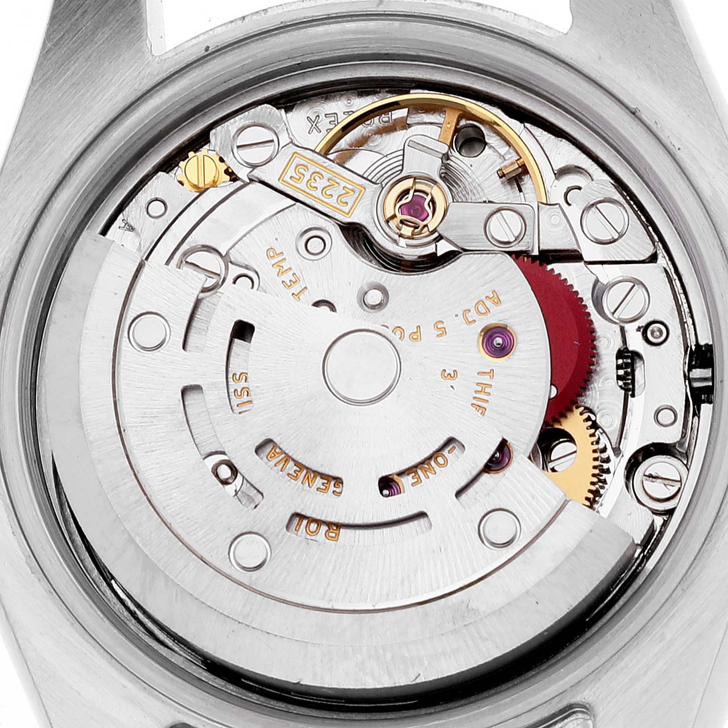 This is a close-up view of the internal movement mechanism of a Rolex Datejust 179173 Women's Steel and Gold (two tone) White Dial 179173 Women's Steel and Gold (two tone) White Dial watch.