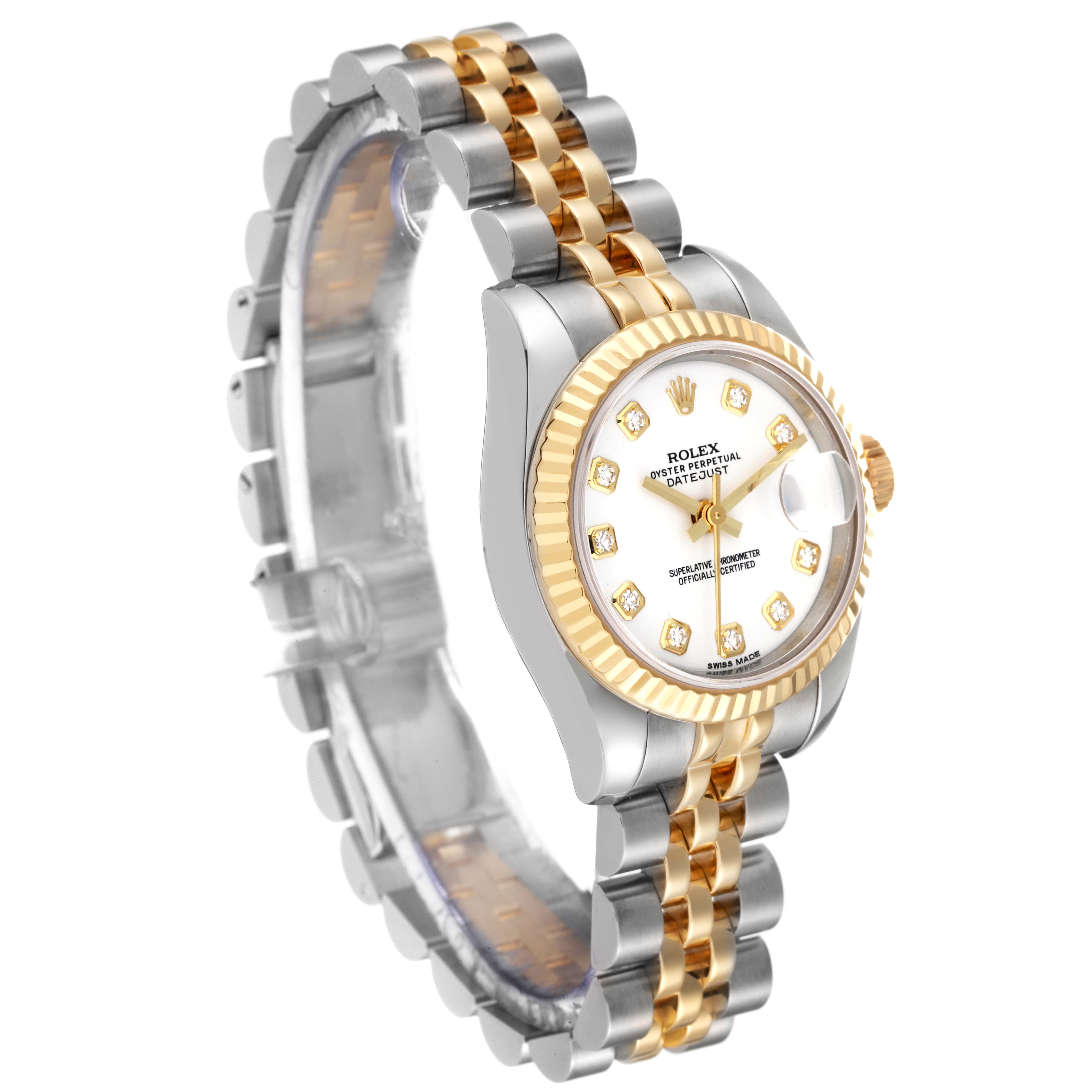The image shows a Rolex Datejust 179173 Women's Steel and Gold (two tone) White Dial 179173 Women's Steel and Gold (two tone) White Dial watch from an angled side view, featuring a two-tone bracelet, fluted bezel, and diamond hour markers.