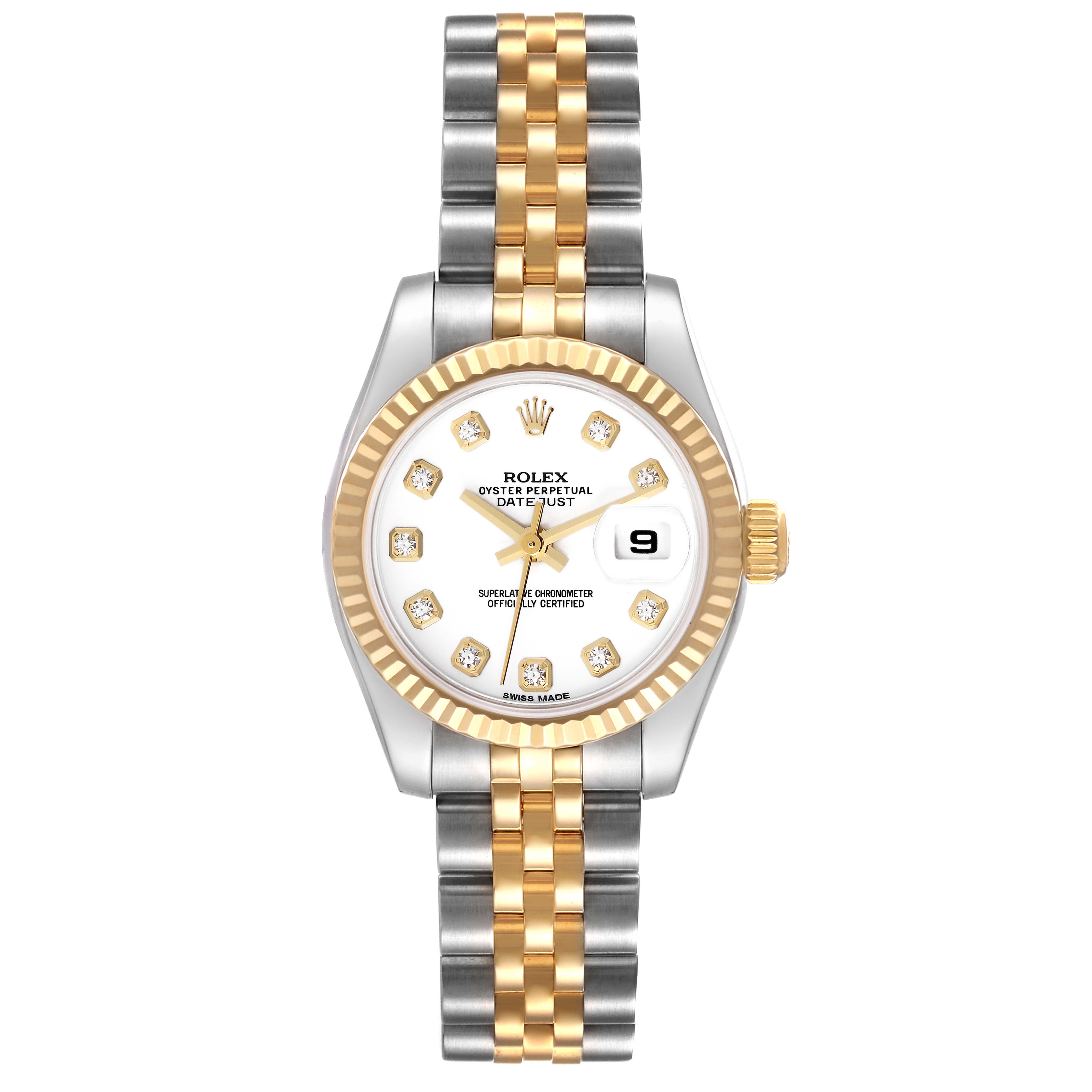The image shows a frontal view of a Rolex Datejust 179173 Women's Steel and Gold (two tone) White Dial 179173 Women's Steel and Gold (two tone) White Dial watch, displaying the dial, bezel, and bracelet.