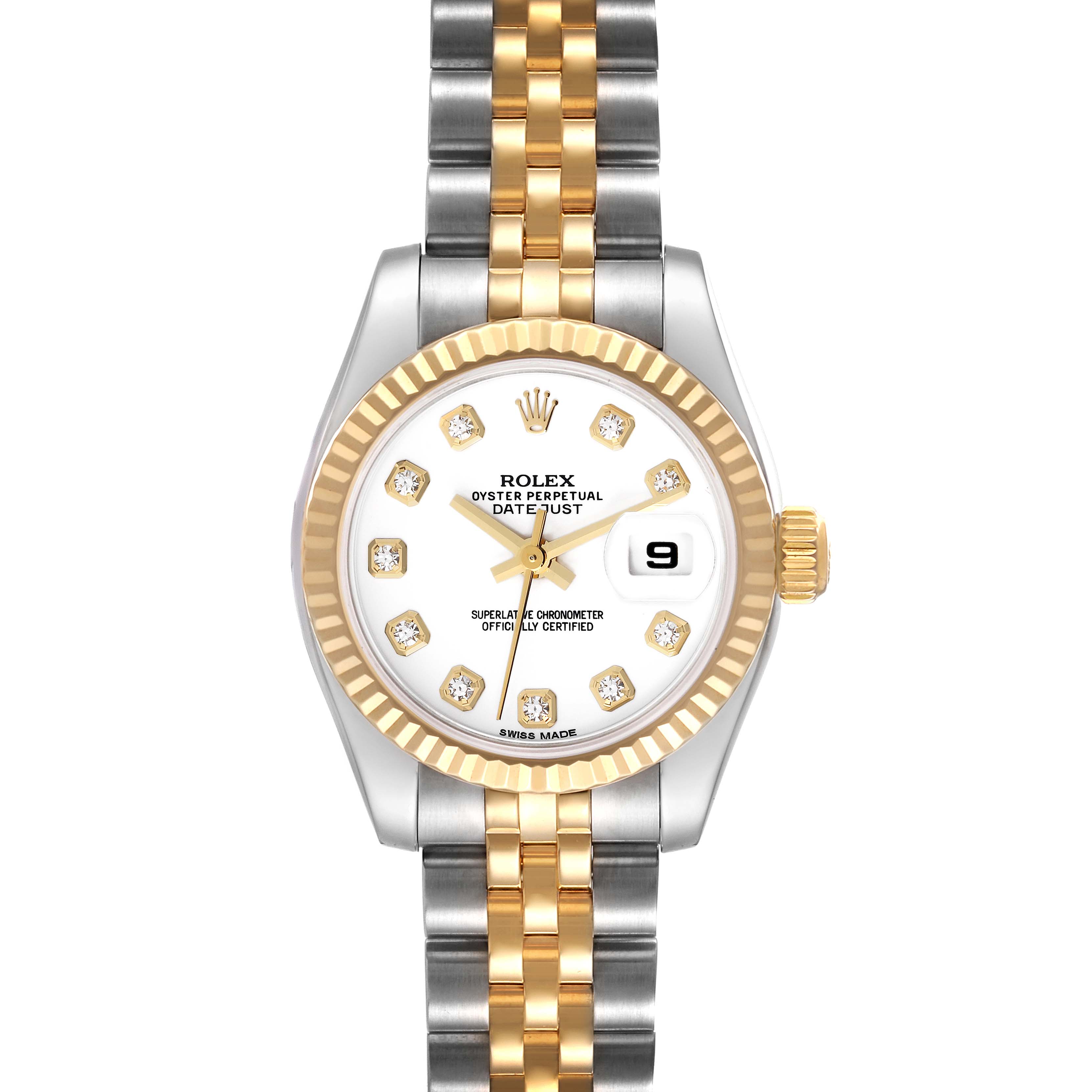 The image shows a front view of the Rolex Datejust 179173 Women's Steel and Gold (two tone) White Dial 179173 Women's Steel and Gold (two tone) White Dial watch, highlighting its dial, bezel, and two-tone bracelet.