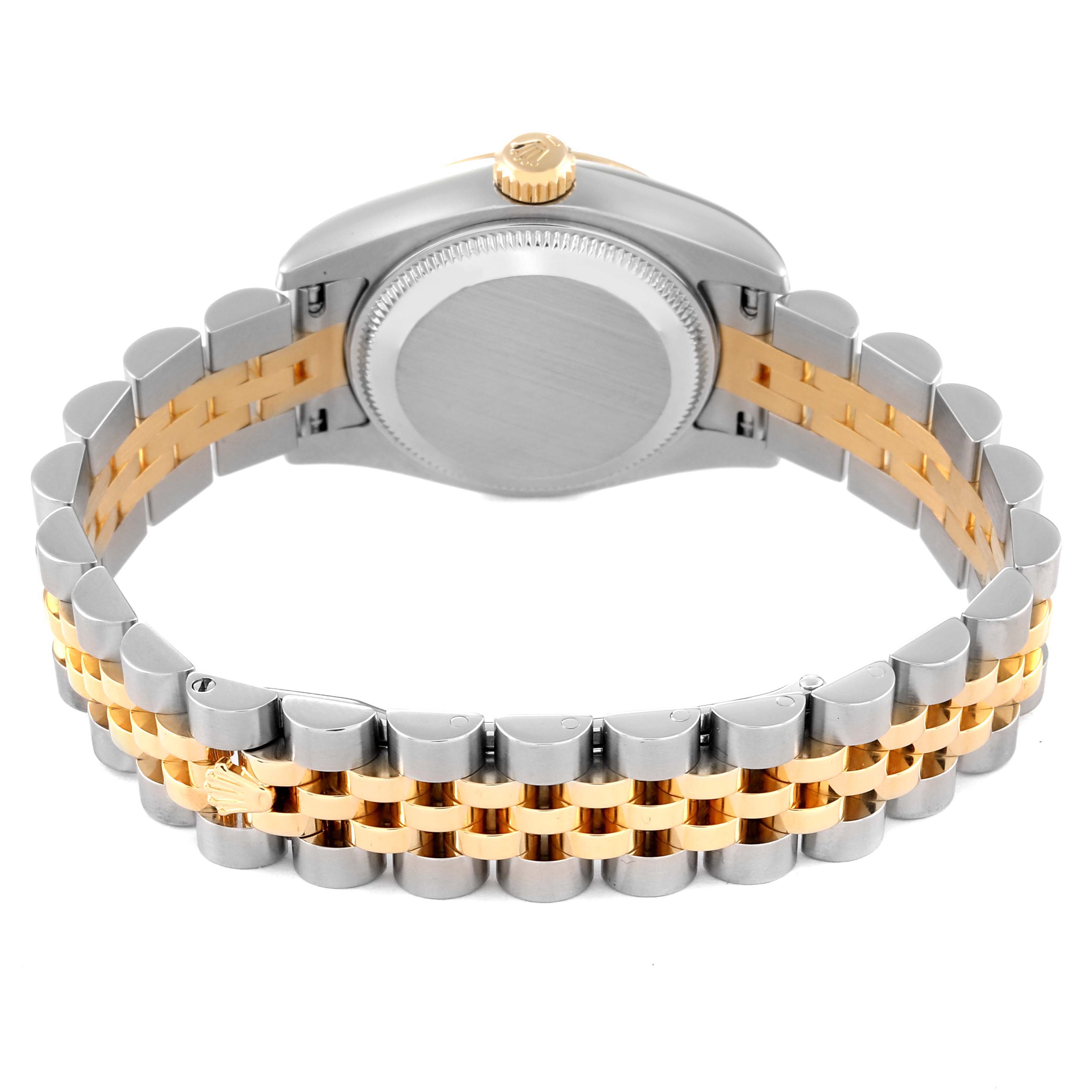The image shows the case back and bracelet of a Rolex Datejust 179173 Women's Steel and Gold (two tone) White Dial 179173 Women's Steel and Gold (two tone) White Dial watch from a rear angle.