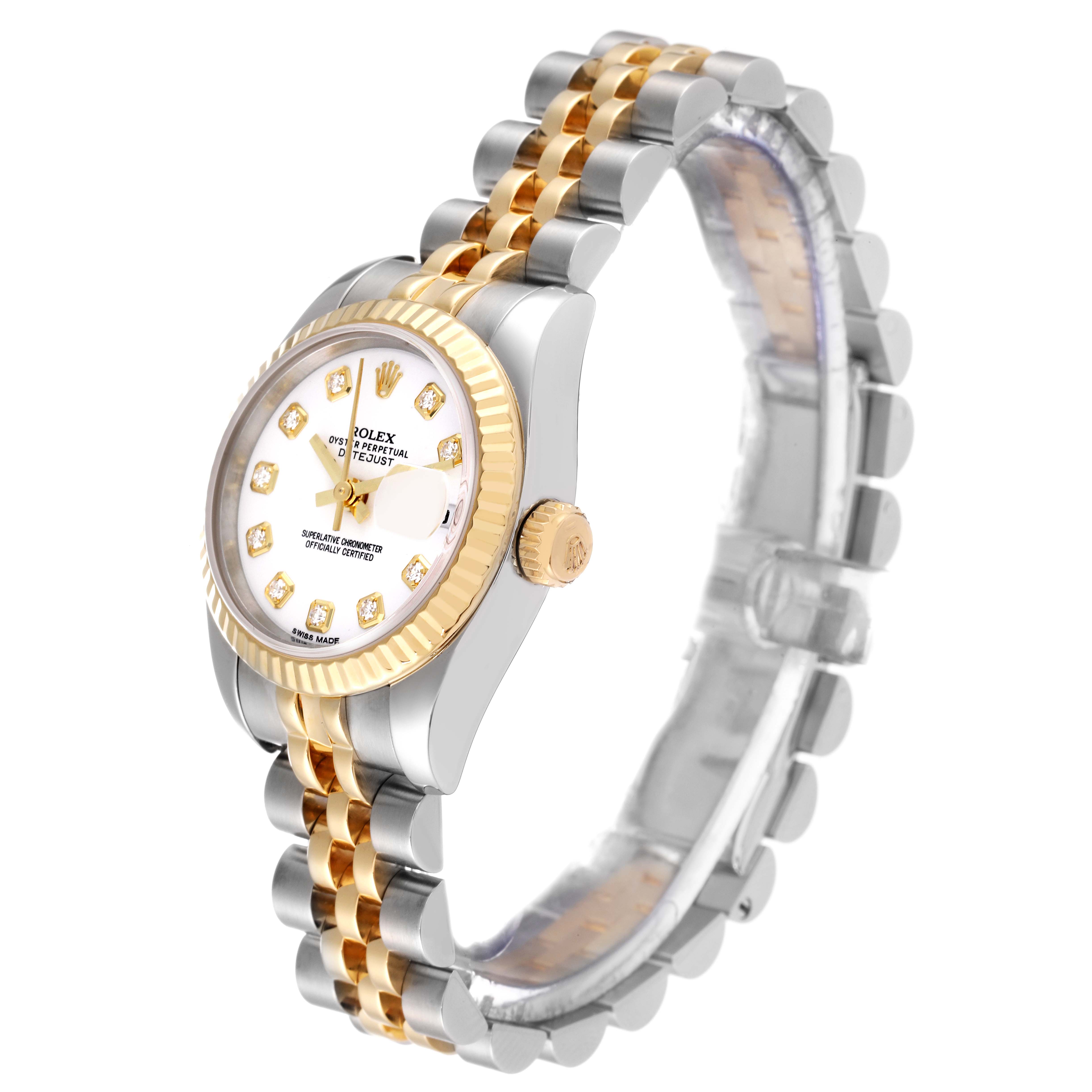 The Rolex Datejust 179173 Women's Steel and Gold (two tone) White Dial 179173 Women's Steel and Gold (two tone) White Dial watch is shown at a side angle highlighting its two-tone bracelet, crown, and diamond-studded dial.