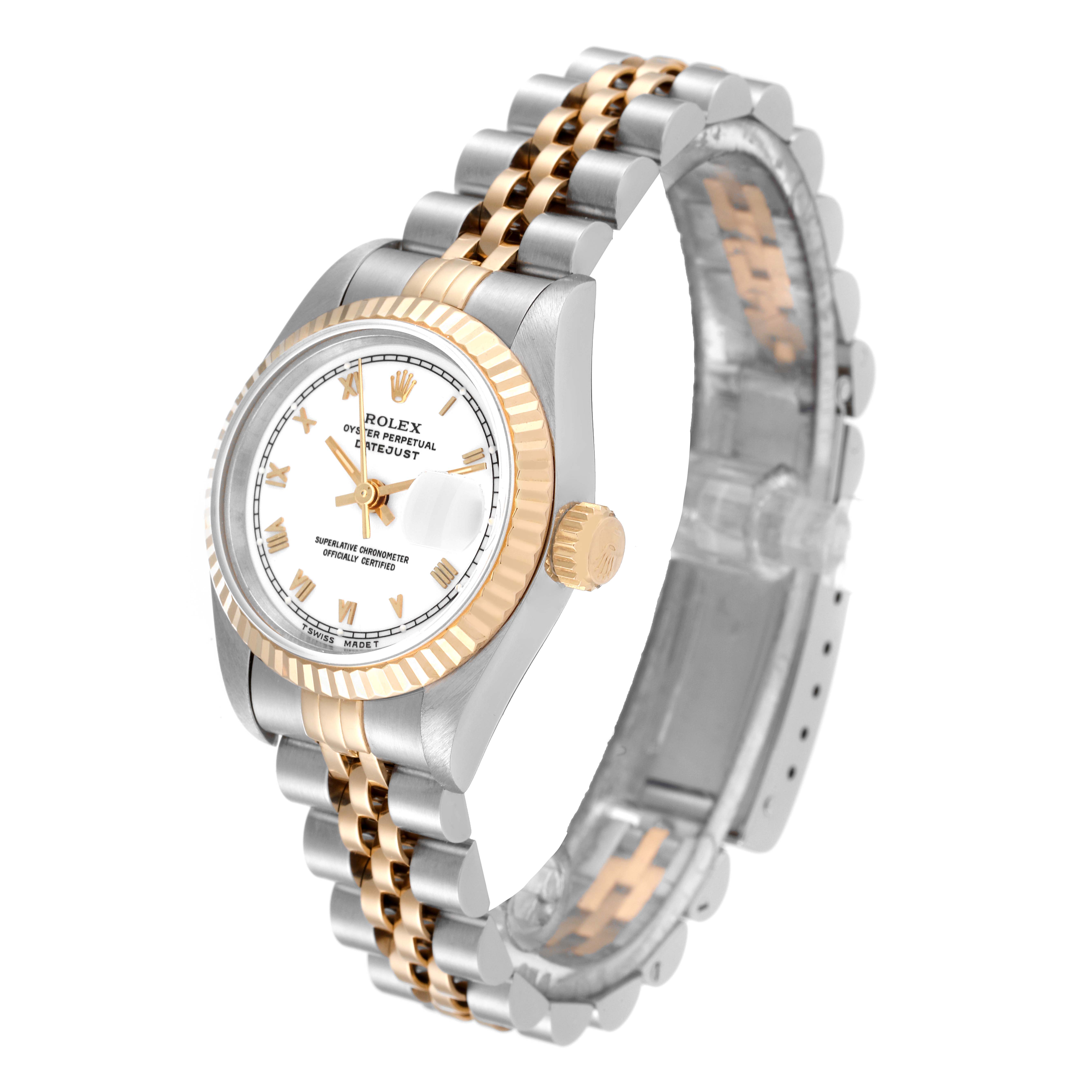 The Rolex Datejust 69173 Women's Steel and Gold (two tone) White Dial 69173 Women's Steel and Gold (two tone) White Dial watch is shown at an oblique angle highlighting the face, bezel, crown, and two-tone Jubilee bracelet.