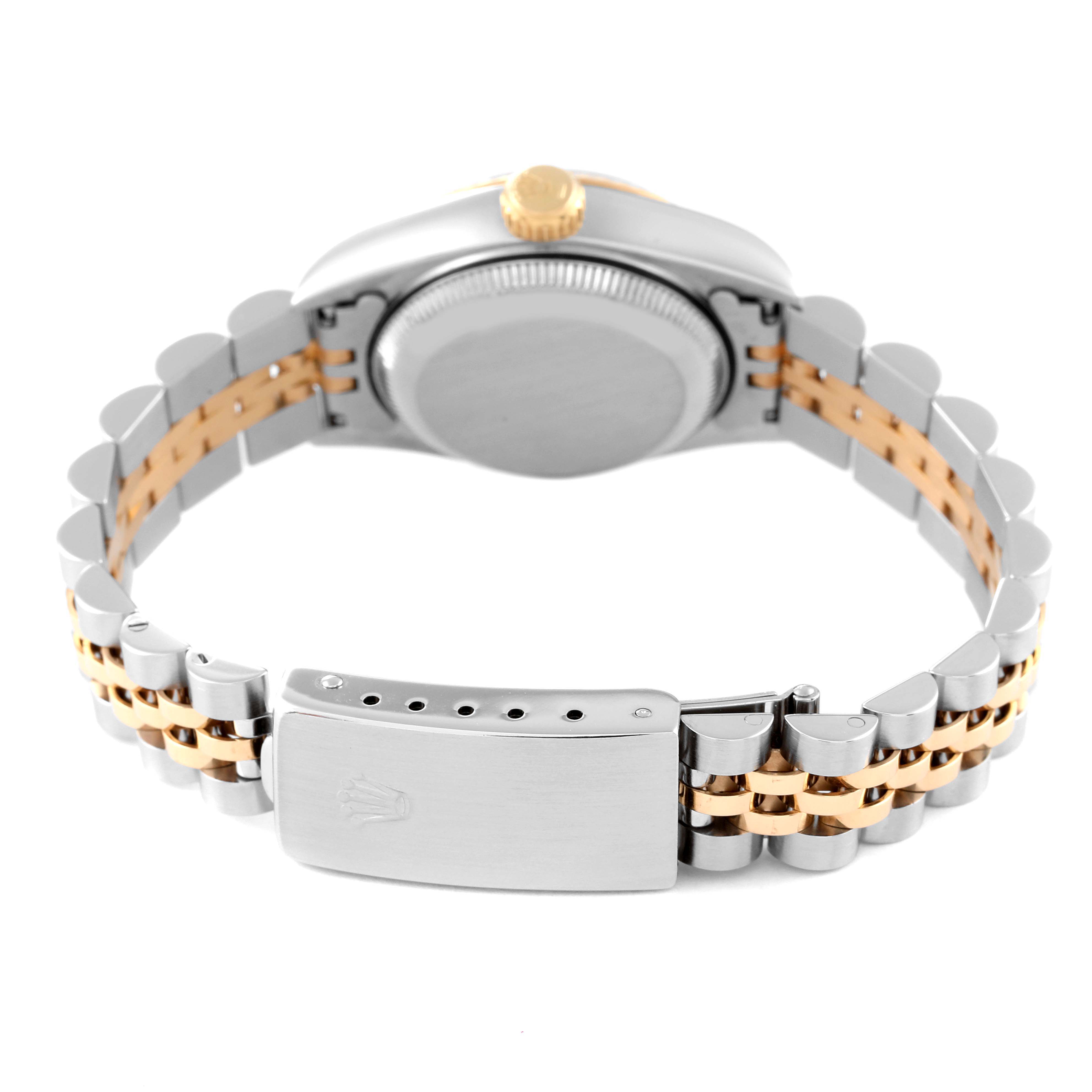 This image shows the back view of the Rolex Datejust 69173 Women's Steel and Gold (two tone) White Dial 69173 Women's Steel and Gold (two tone) White Dial watch, focusing on the dual-tone bracelet and clasp.
