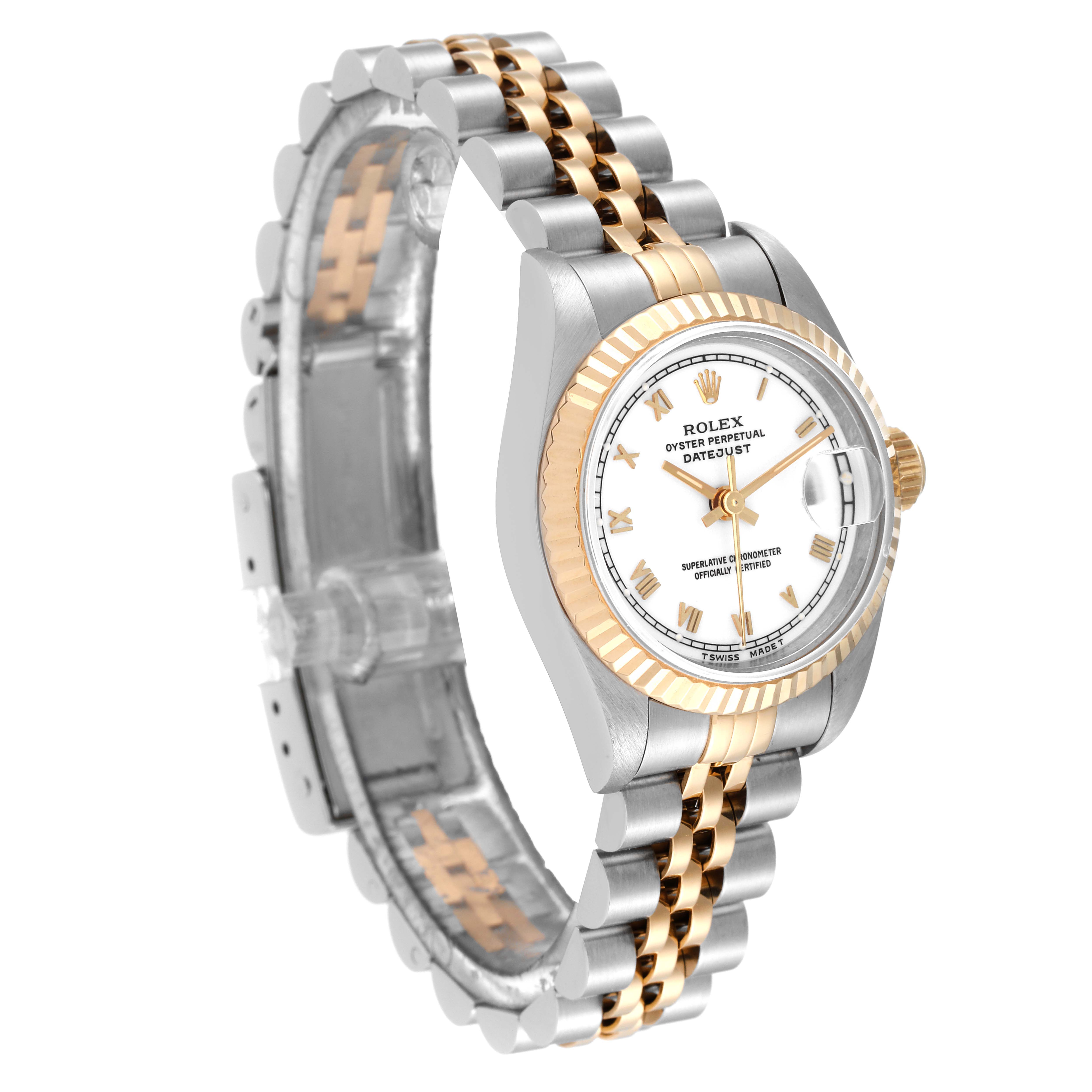 This Rolex Datejust 69173 Women's Steel and Gold (two tone) White Dial 69173 Women's Steel and Gold (two tone) White Dial watch is shown at a three-quarter angle, highlighting the face, bezel, and two-tone bracelet.