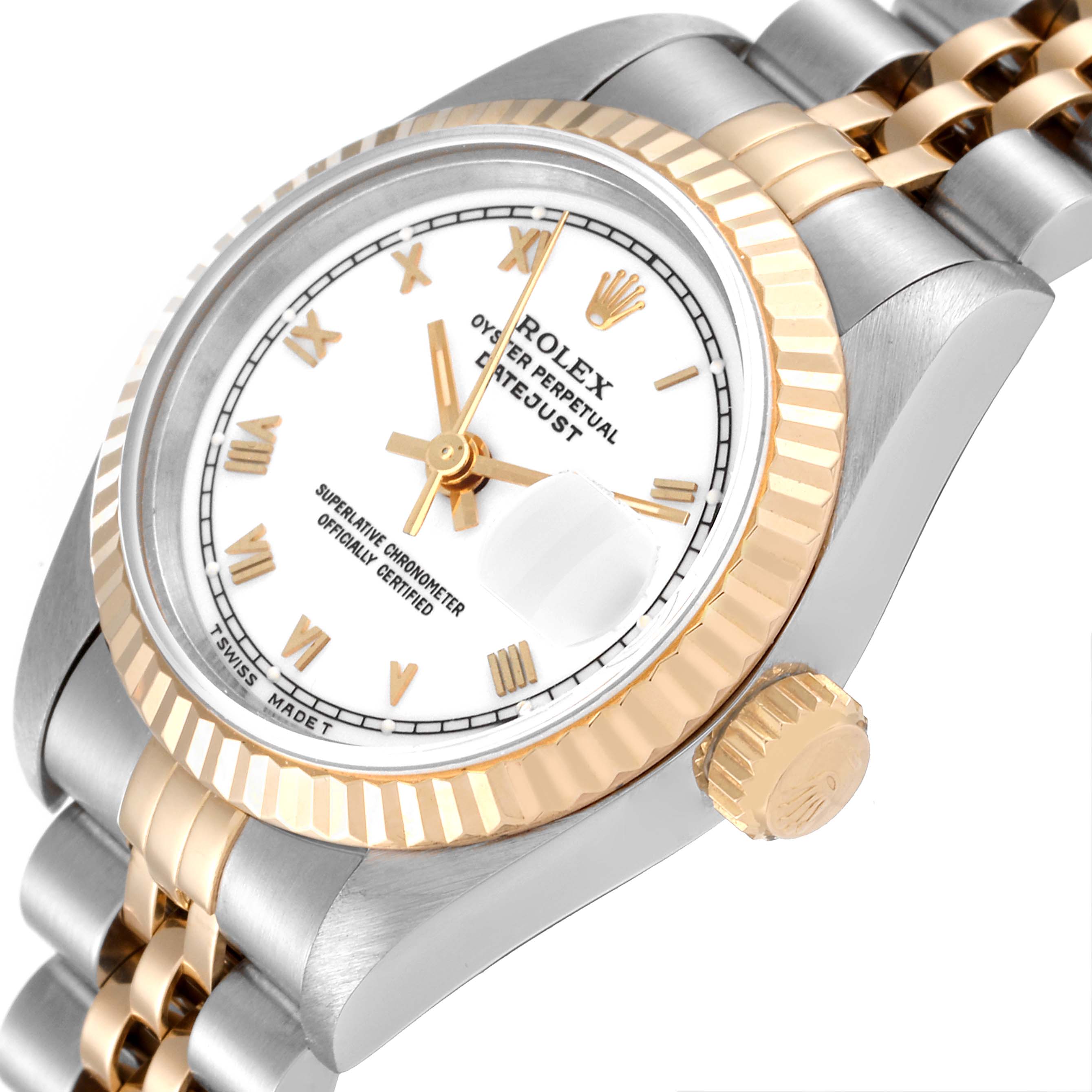 This image shows a Rolex Datejust 69173 Women's Steel and Gold (two tone) White Dial 69173 Women's Steel and Gold (two tone) White Dial watch at a slight angle, highlighting the dial, fluted bezel, crown, and part of the bracelet.