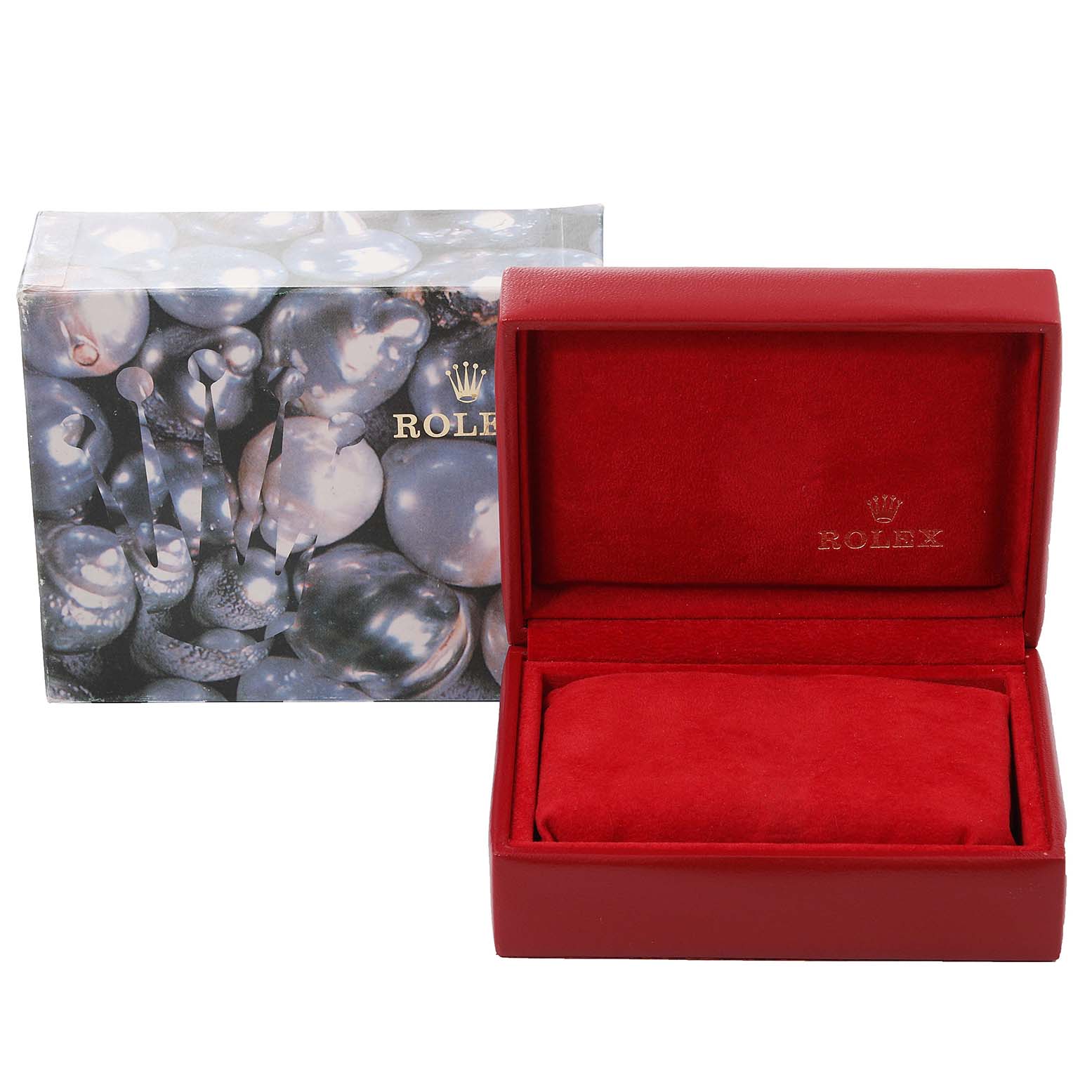 The image shows a Rolex Datejust 69173 Women's Steel and Gold (two tone) White Dial 69173 Women's Steel and Gold (two tone) White Dial watch box and outer packaging, featuring a red interior cushion and a pearl-themed exterior.