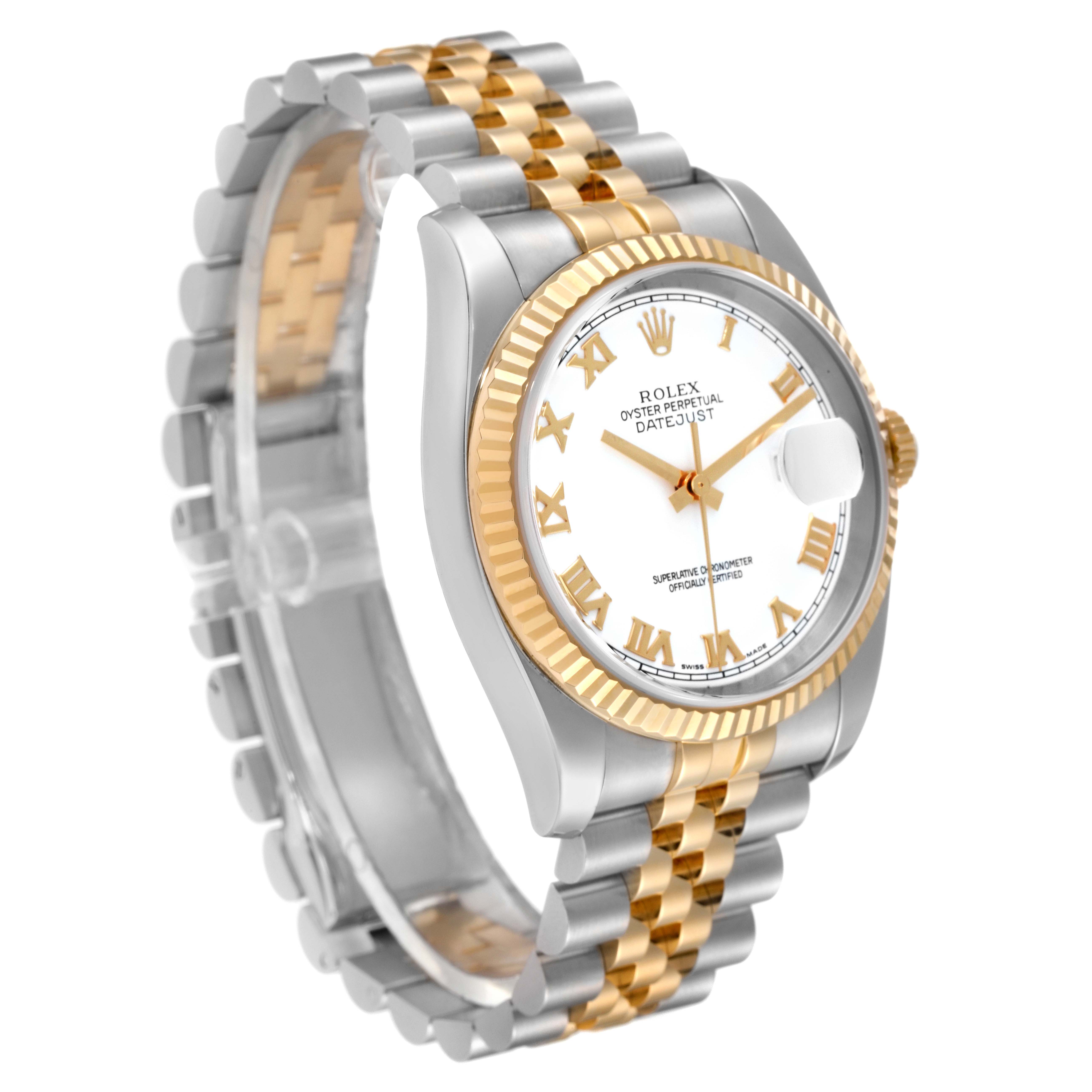The image shows a side and slightly angled view of a Rolex Datejust 116233 Men's Steel and Gold (two tone) White Dial 116233 Men's Steel and Gold (two tone) White Dial watch, featuring a two-tone band and fluted bezel.