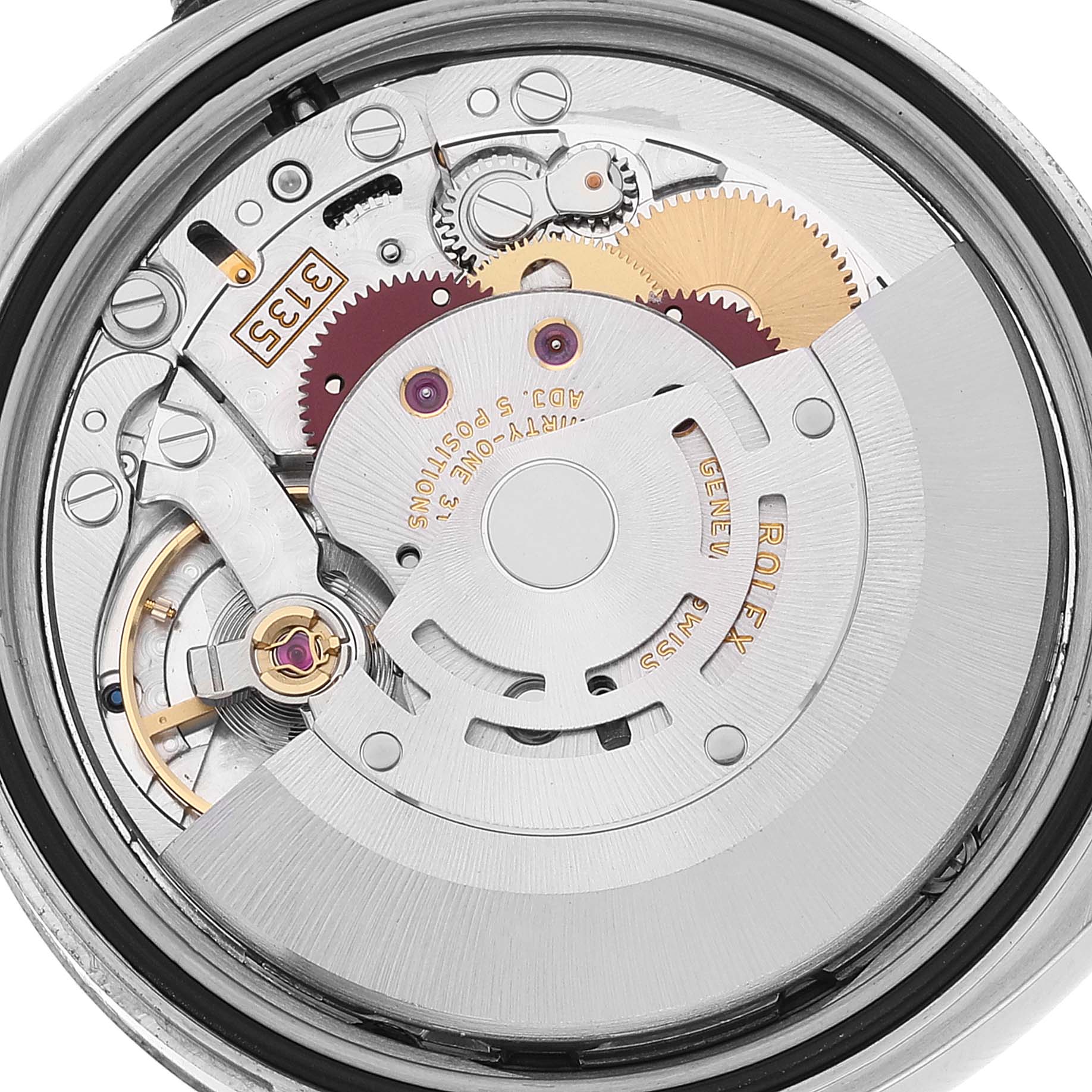 This image shows the internal movement mechanism of a Rolex Datejust 116233 Men's Steel and Gold (two tone) White Dial 116233 Men's Steel and Gold (two tone) White Dial watch from a top-down angle.