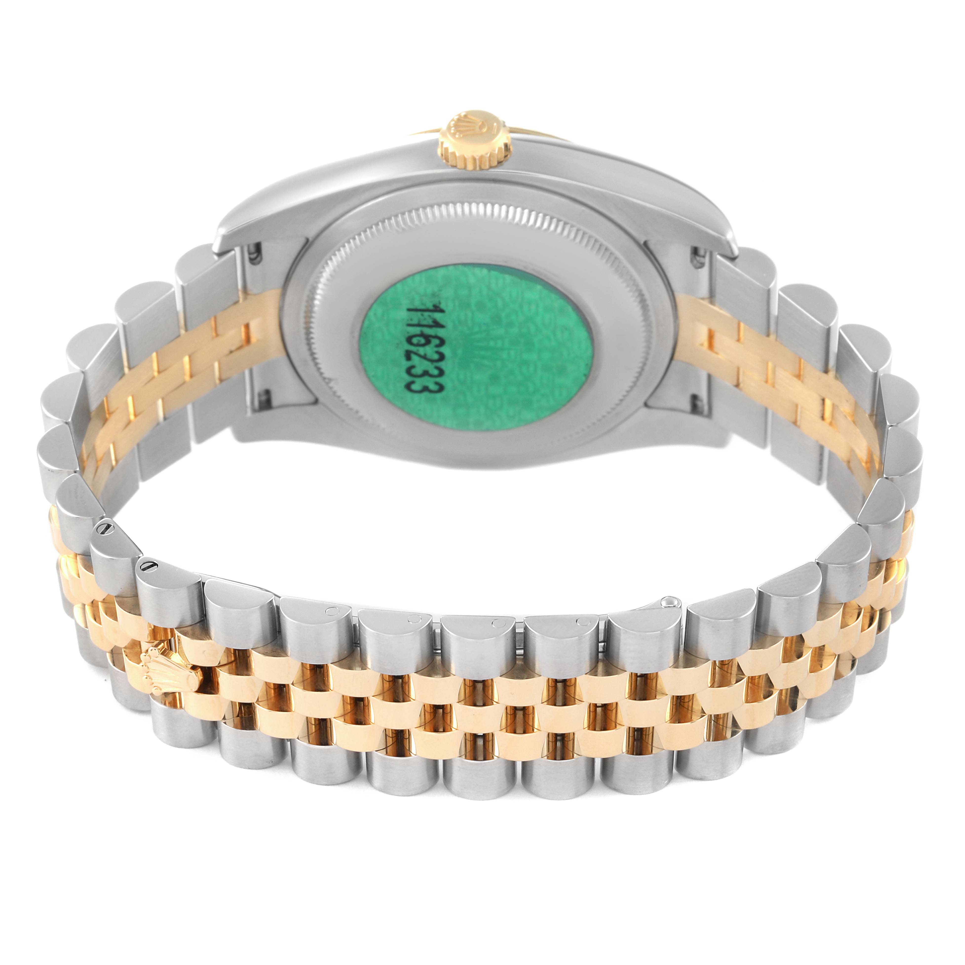 The image displays the backside and band of a Rolex Datejust 116233 Men's Steel and Gold (two tone) White Dial 116233 Men's Steel and Gold (two tone) White Dial watch, highlighting its two-tone bracelet and caseback.