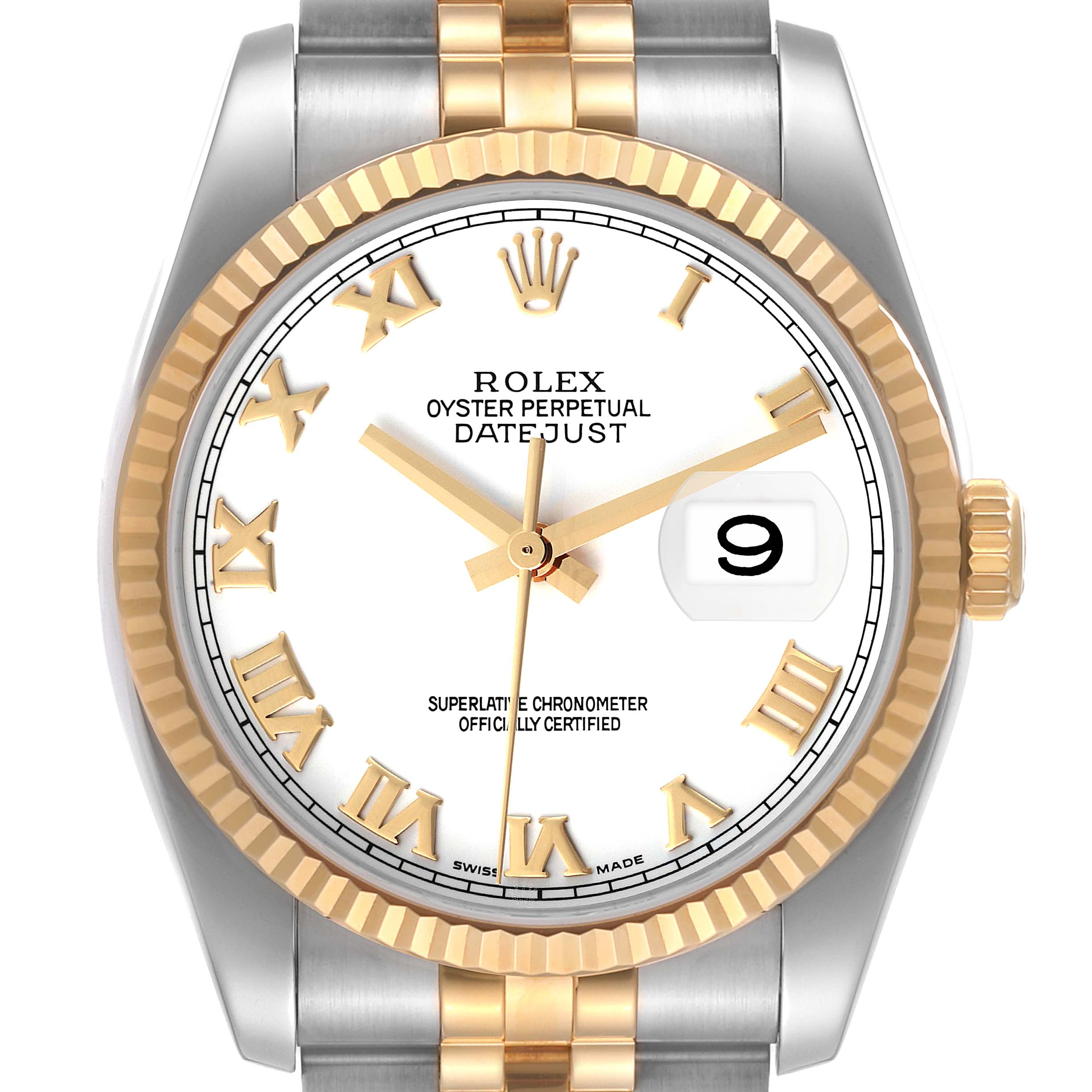 This image shows a front view of a Rolex Datejust 116233 Men's Steel and Gold (two tone) White Dial 116233 Men's Steel and Gold (two tone) White Dial watch with a gold and silver Jubilee bracelet, white dial, and date window.